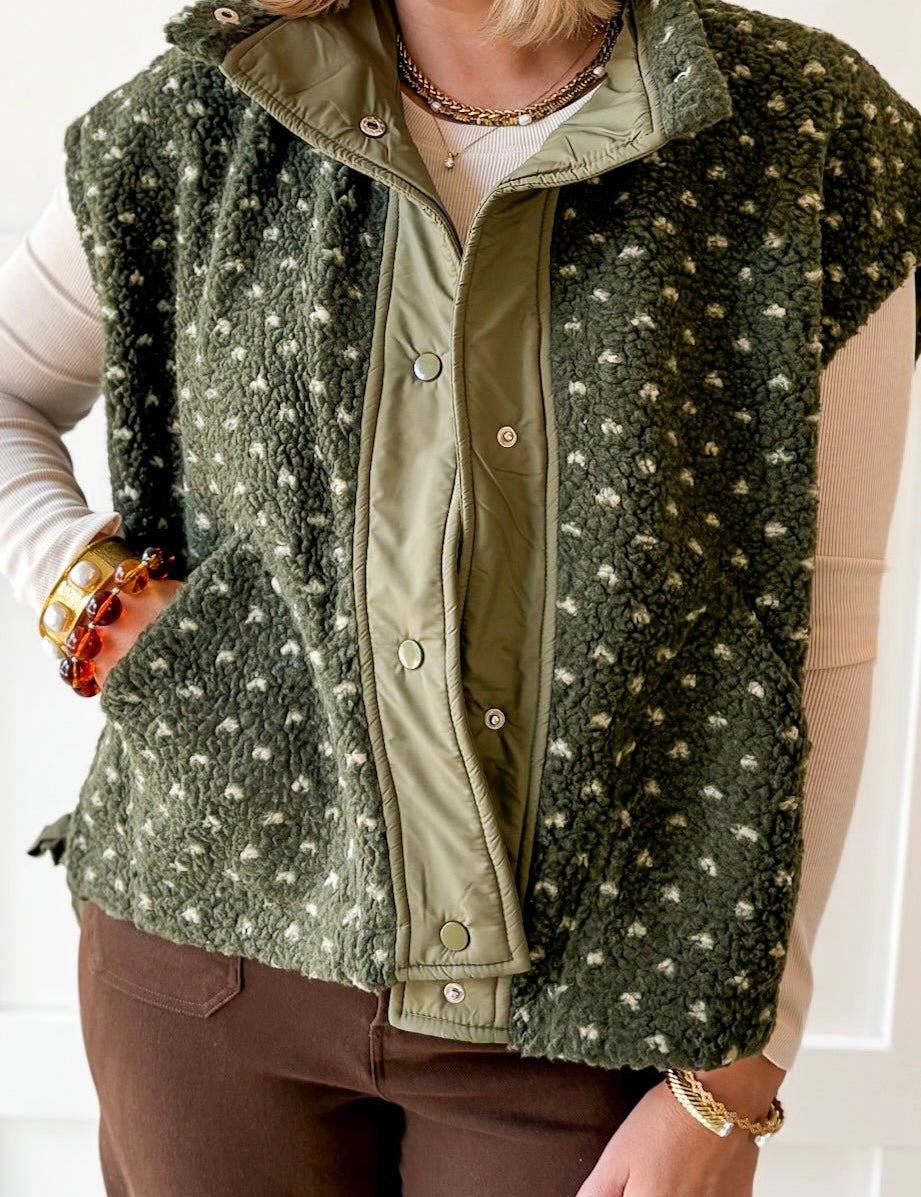 Polka Dot Sherpa Vest- Olive