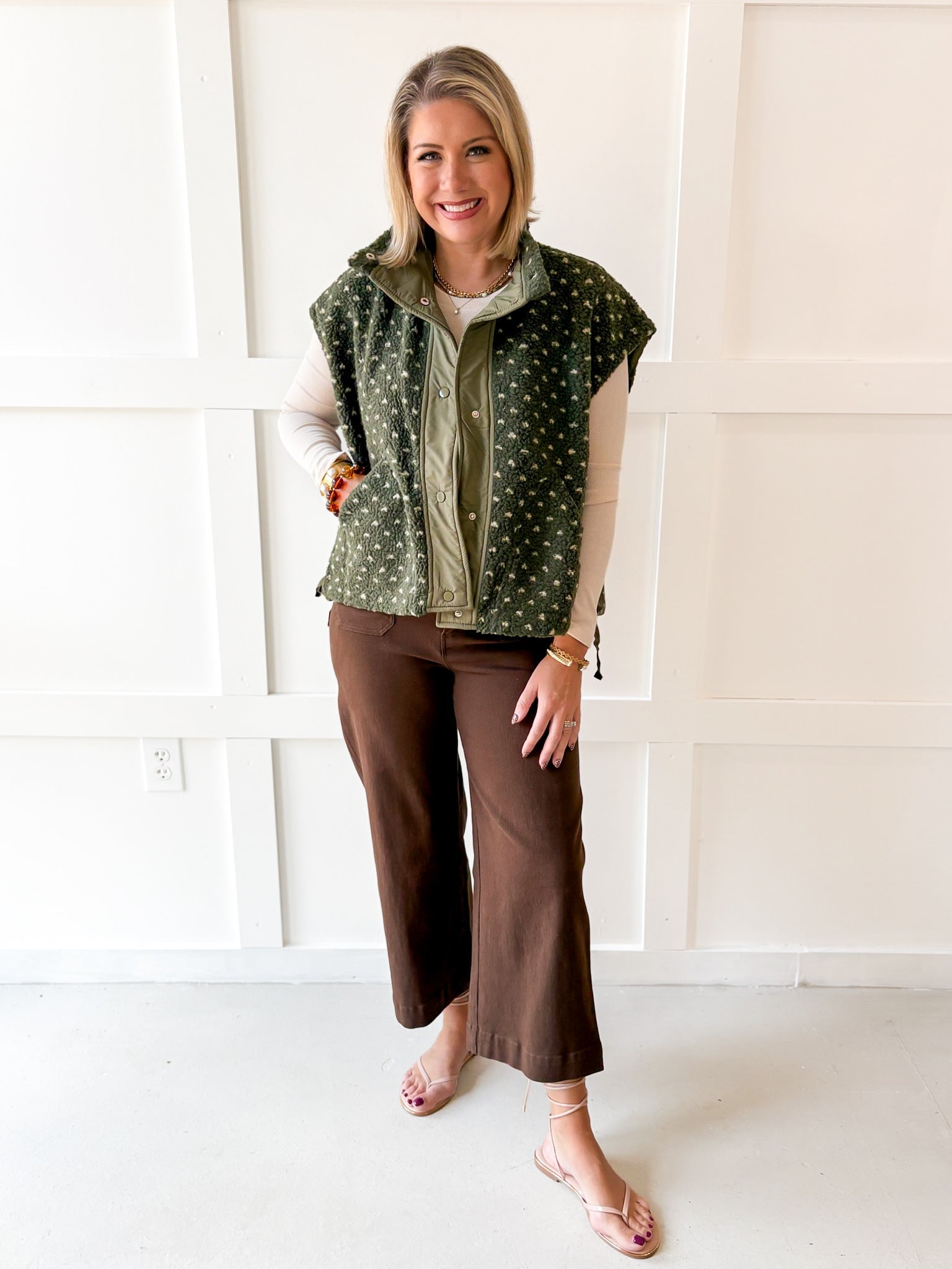 Polka Dot Sherpa Vest- Olive