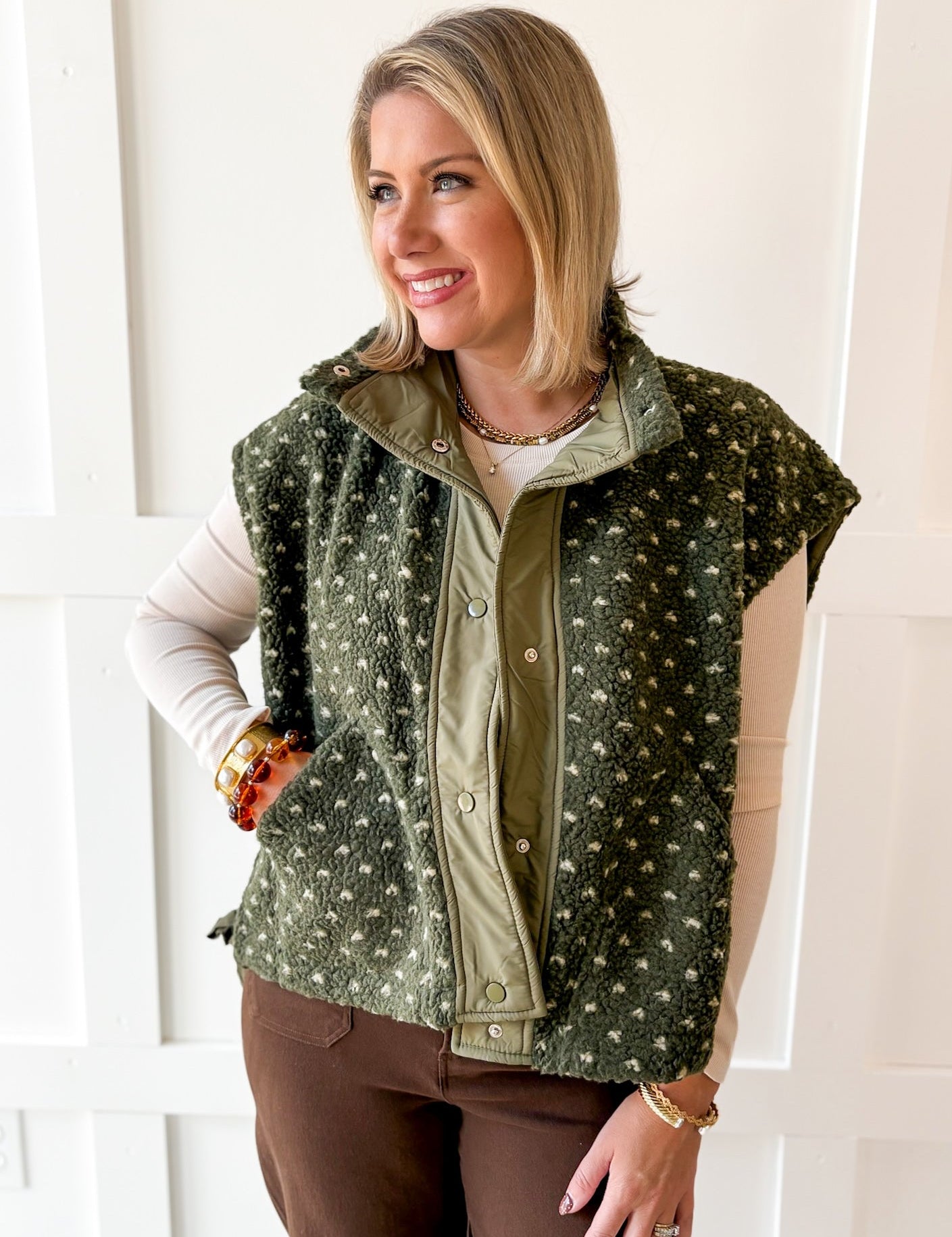 Polka Dot Sherpa Vest- Olive