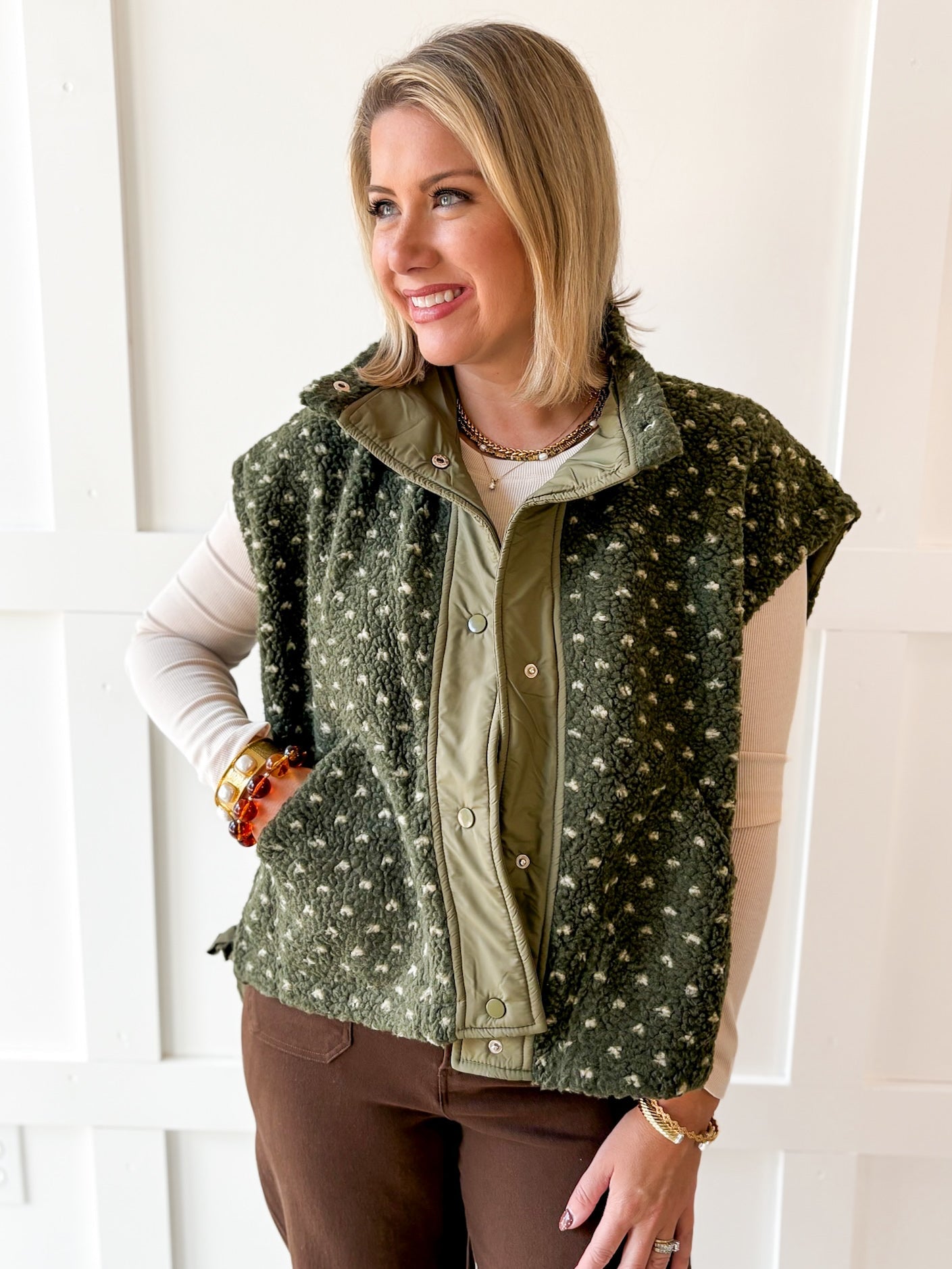 Polka Dot Sherpa Vest- Olive