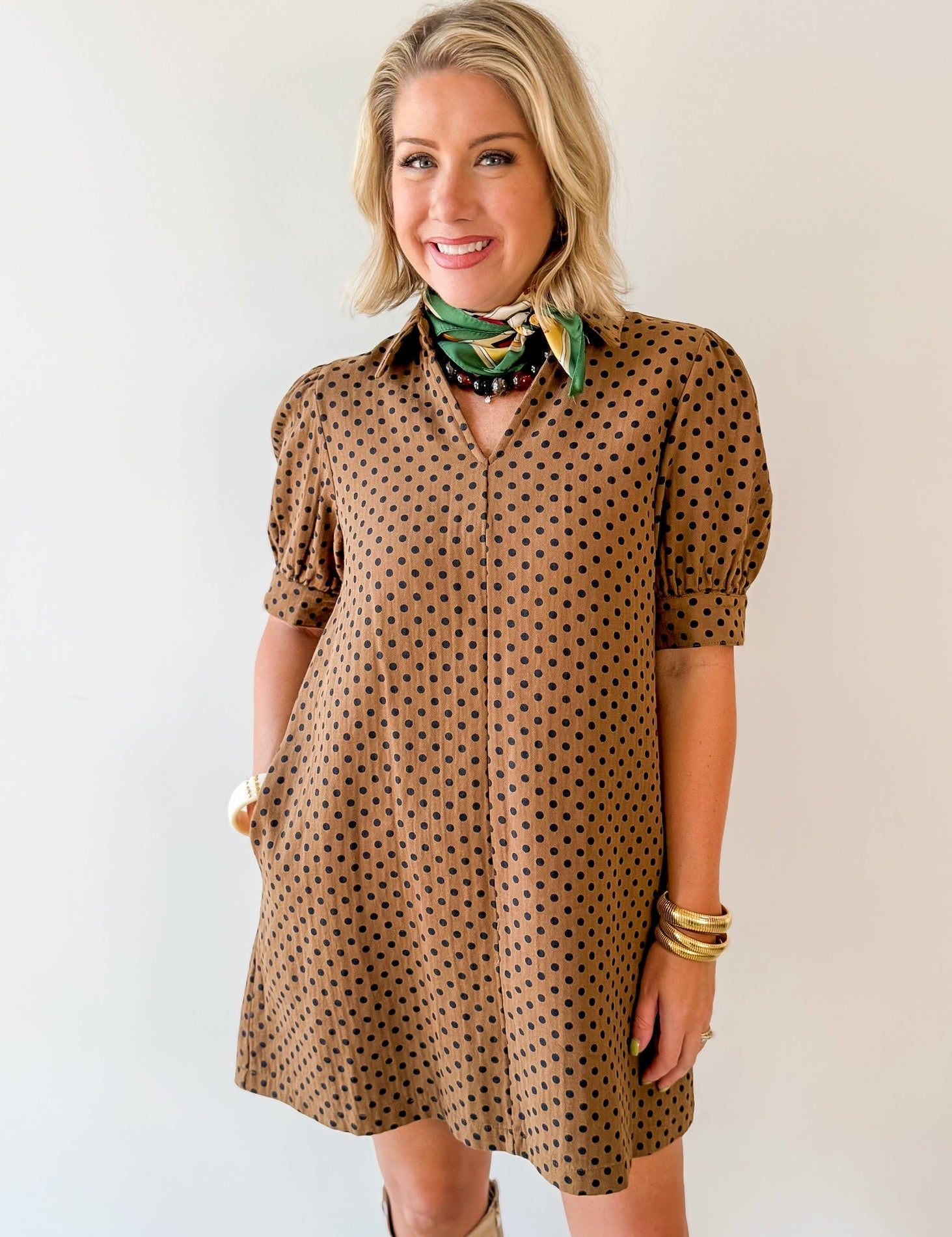 Polka Dot Shift Dress - Brown