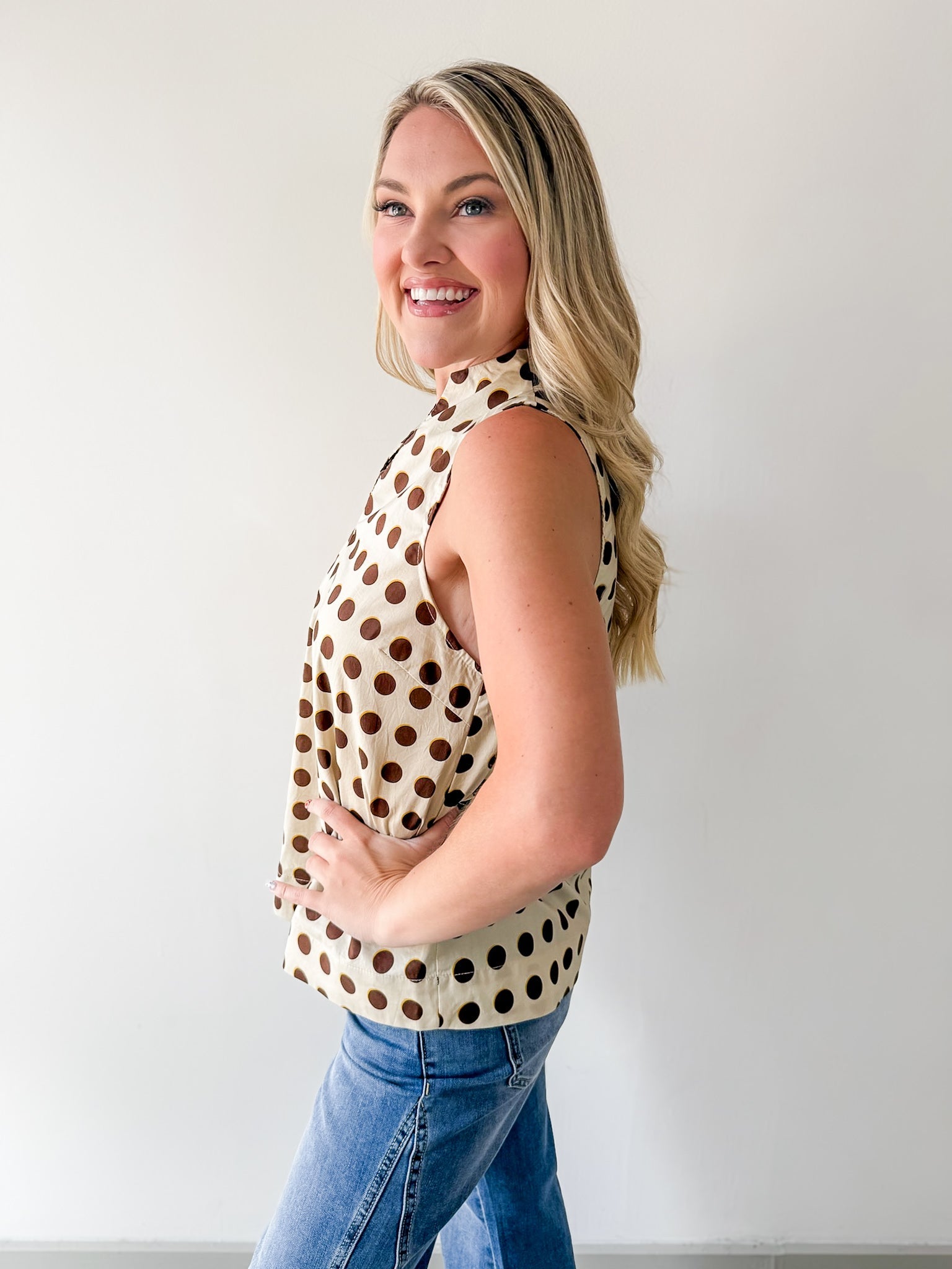 Polka Dot V Neck Top - Sand Brown