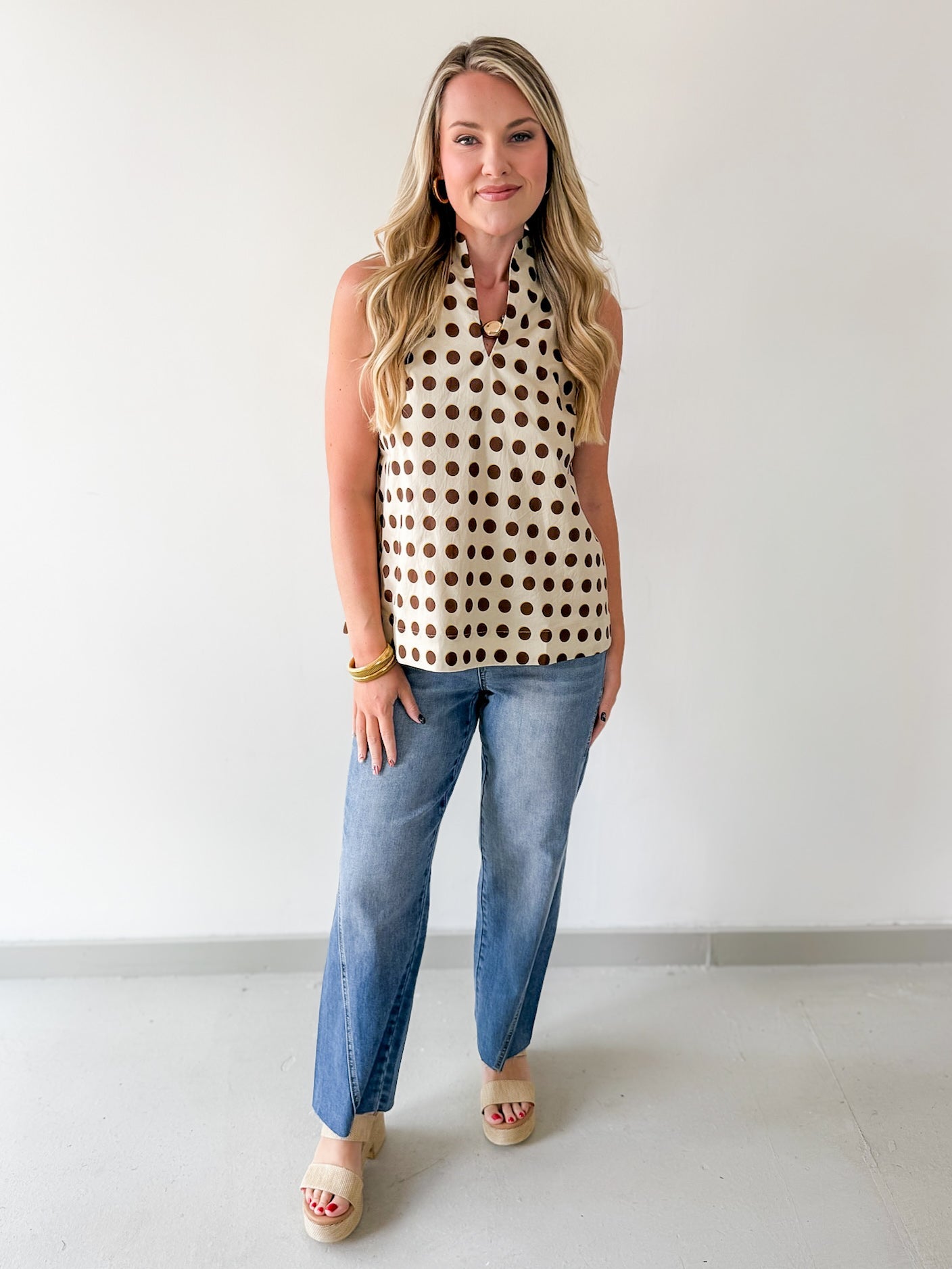 Polka Dot V Neck Top - Sand Brown