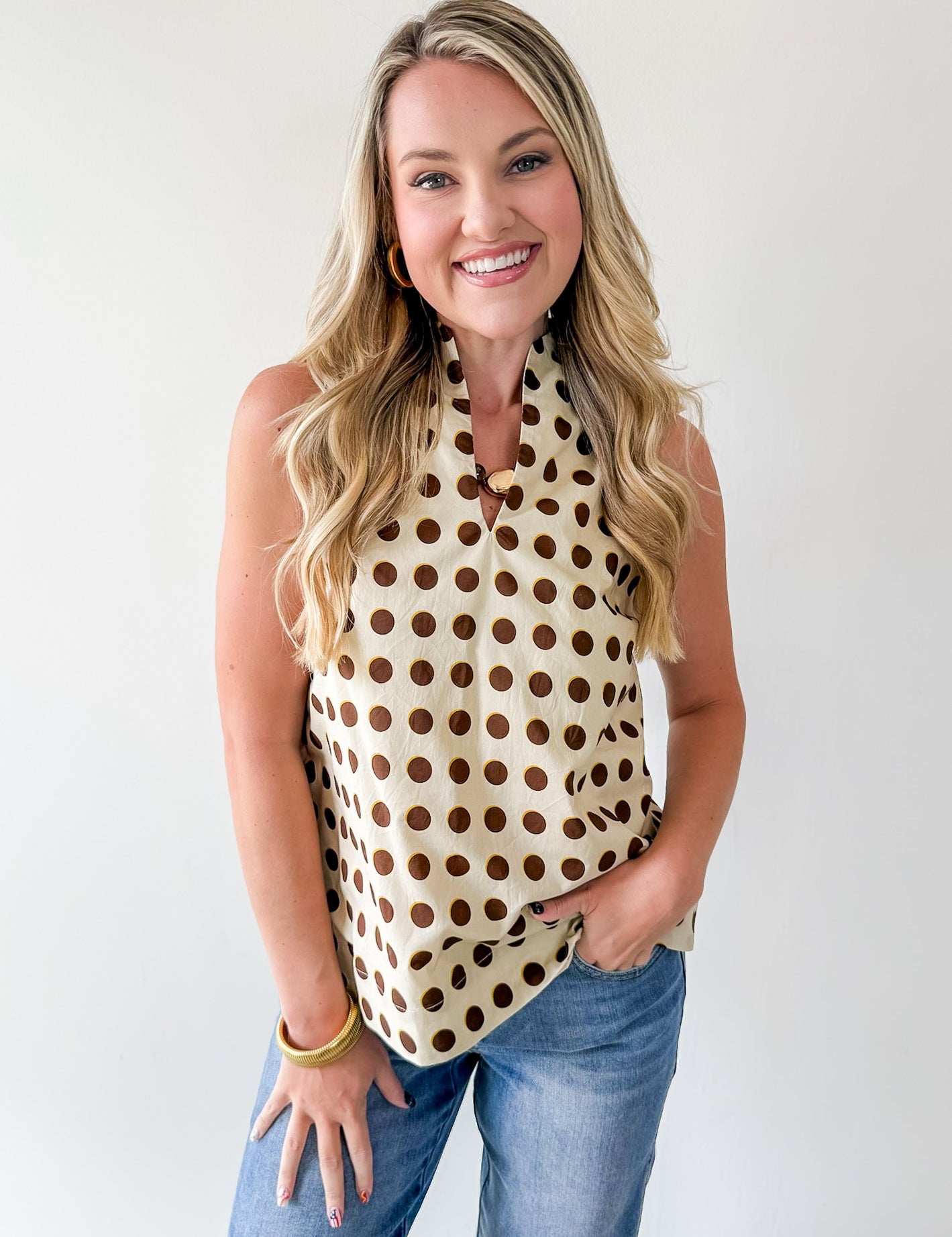 Polka Dot V Neck Top - Sand Brown