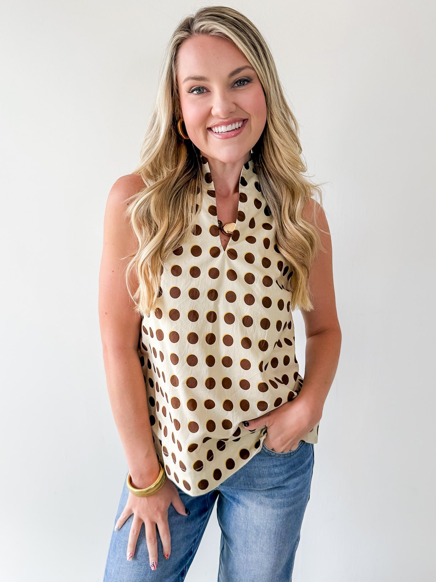 Polka Dot V Neck Top - Sand Brown