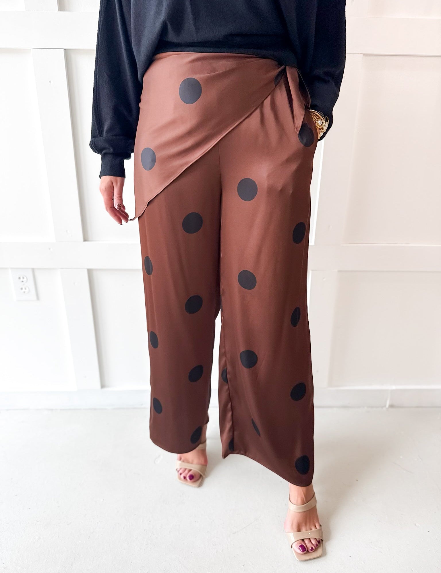 Polka Dot With Overlay Pants- Brown