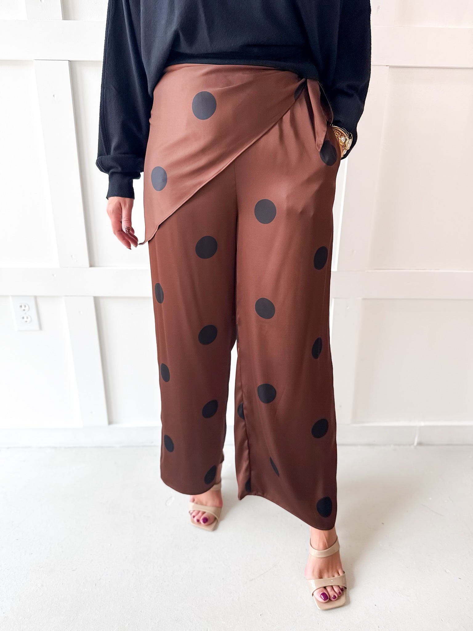 Polka Dot With Overlay Pants- Brown