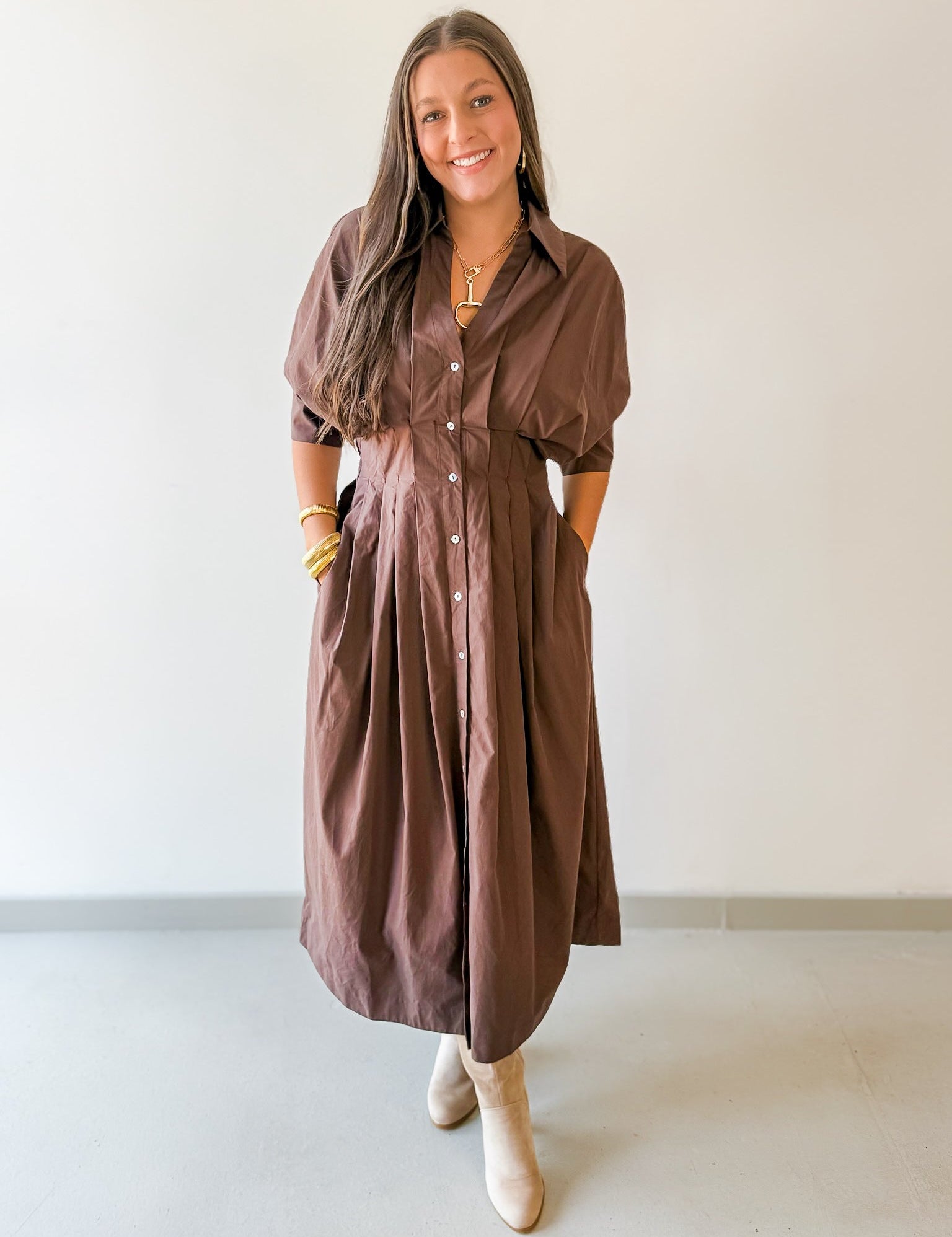 Poplin Cinched Waist Midi Dress