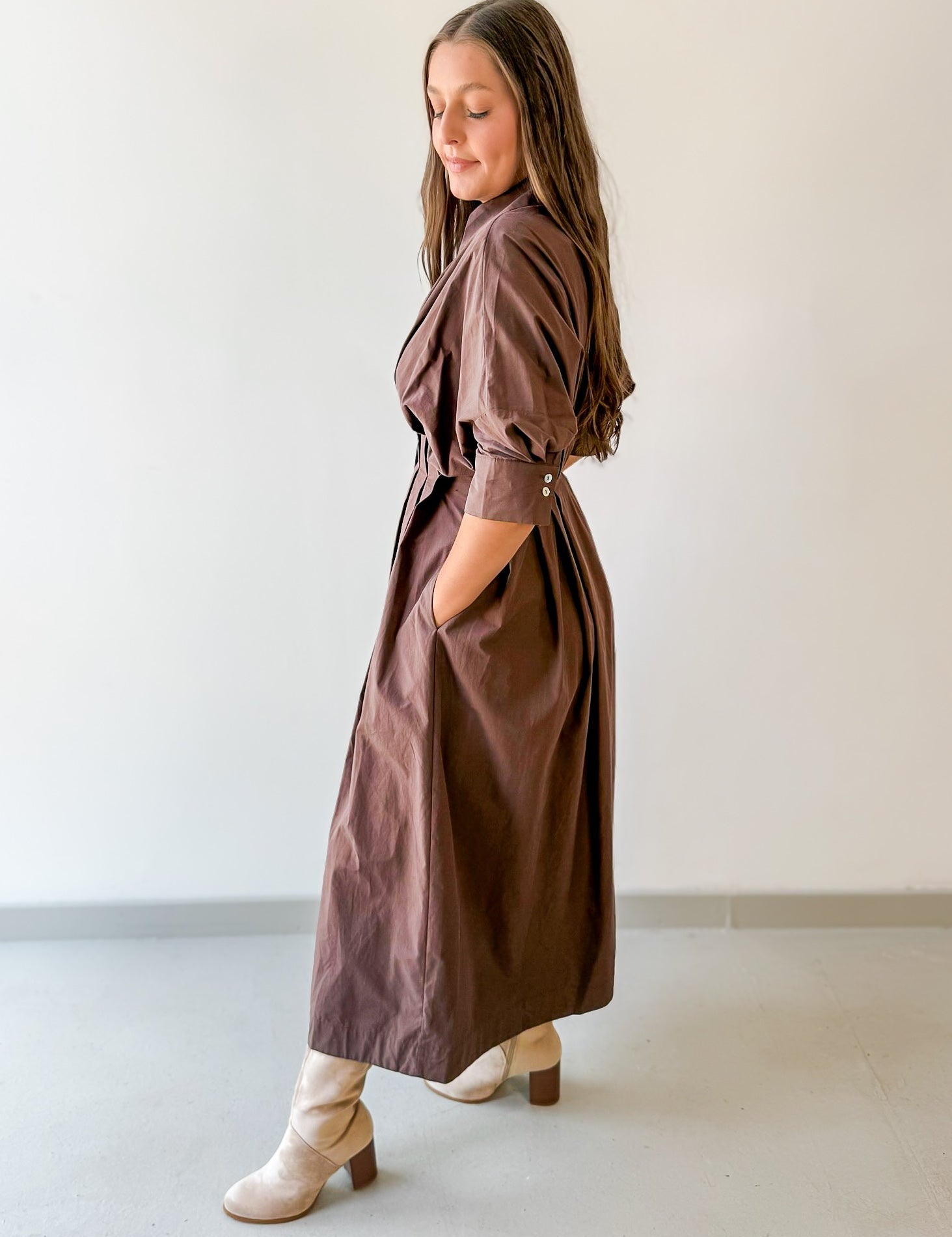 Poplin Cinched Waist Midi Dress