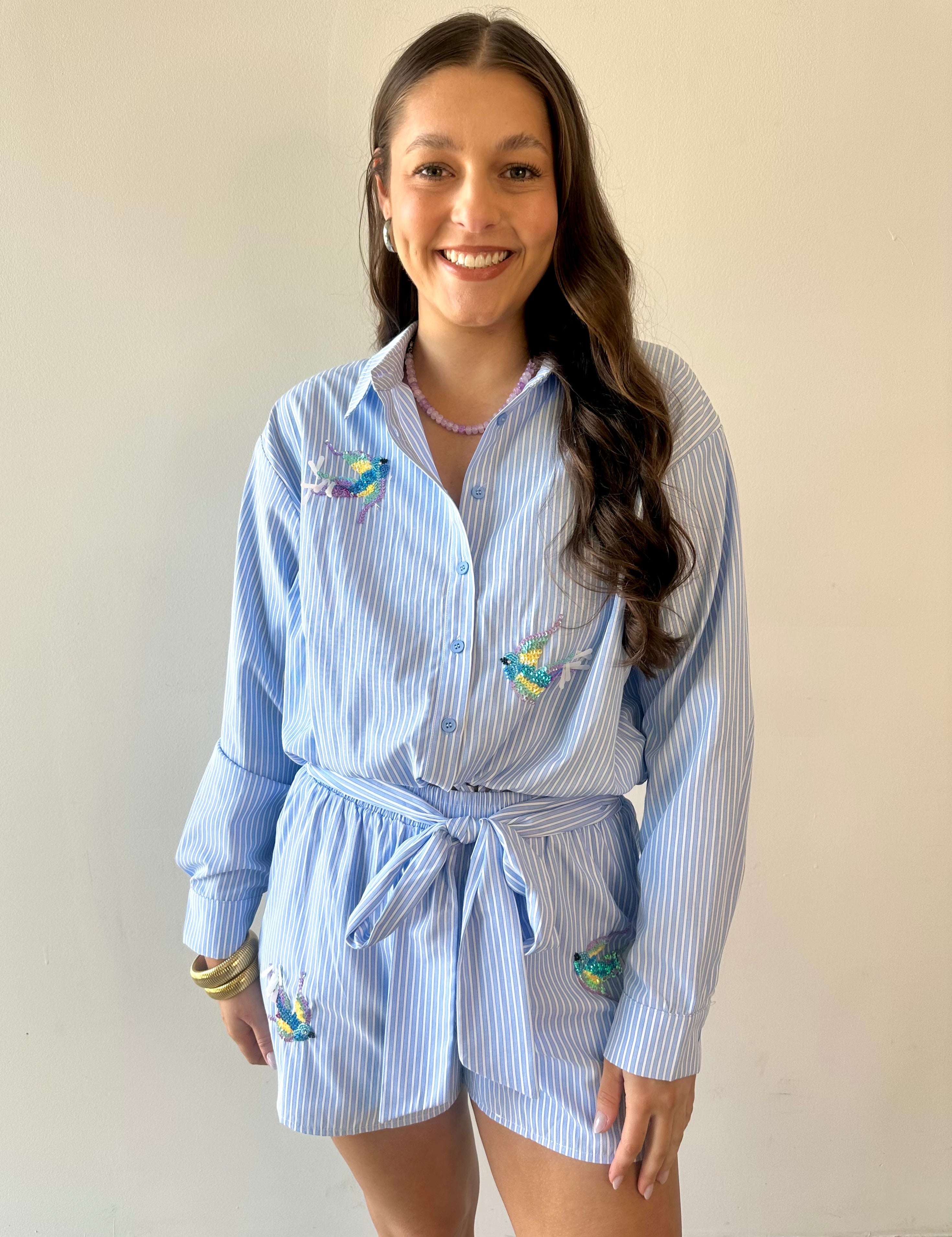 Poplin Hummingbird Shirt & Short Set - Blue