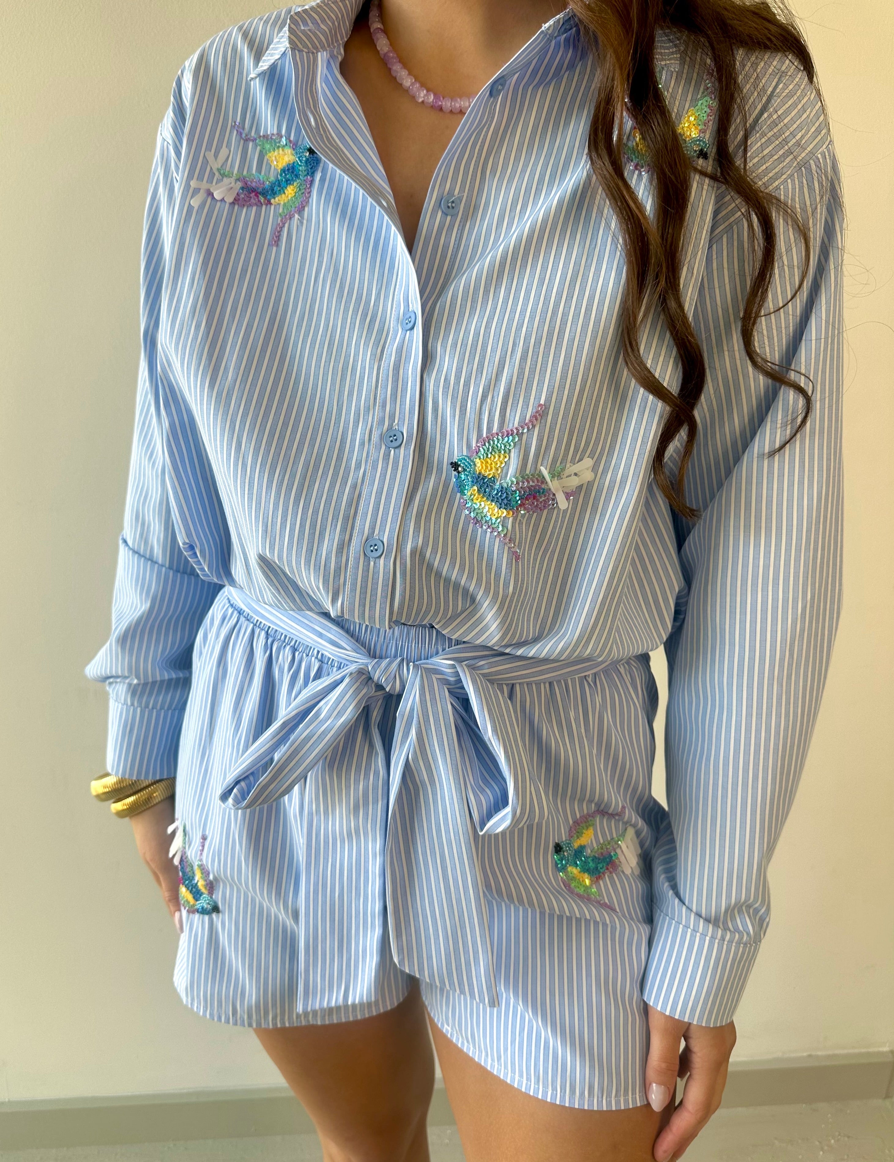 Poplin Hummingbird Shirt & Short Set - Blue