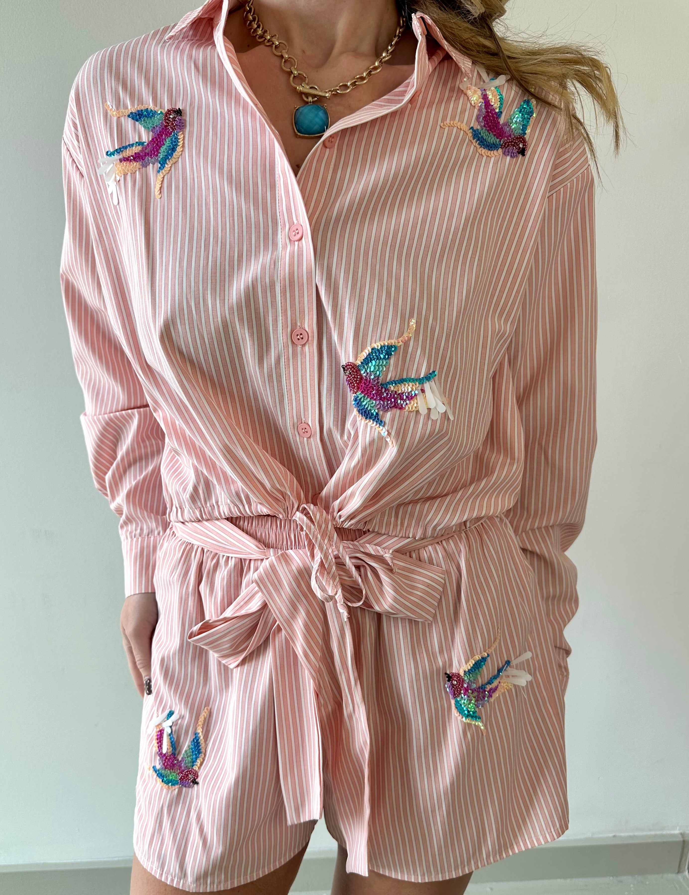 Poplin Hummingbird Shirt & Short Set - Peach