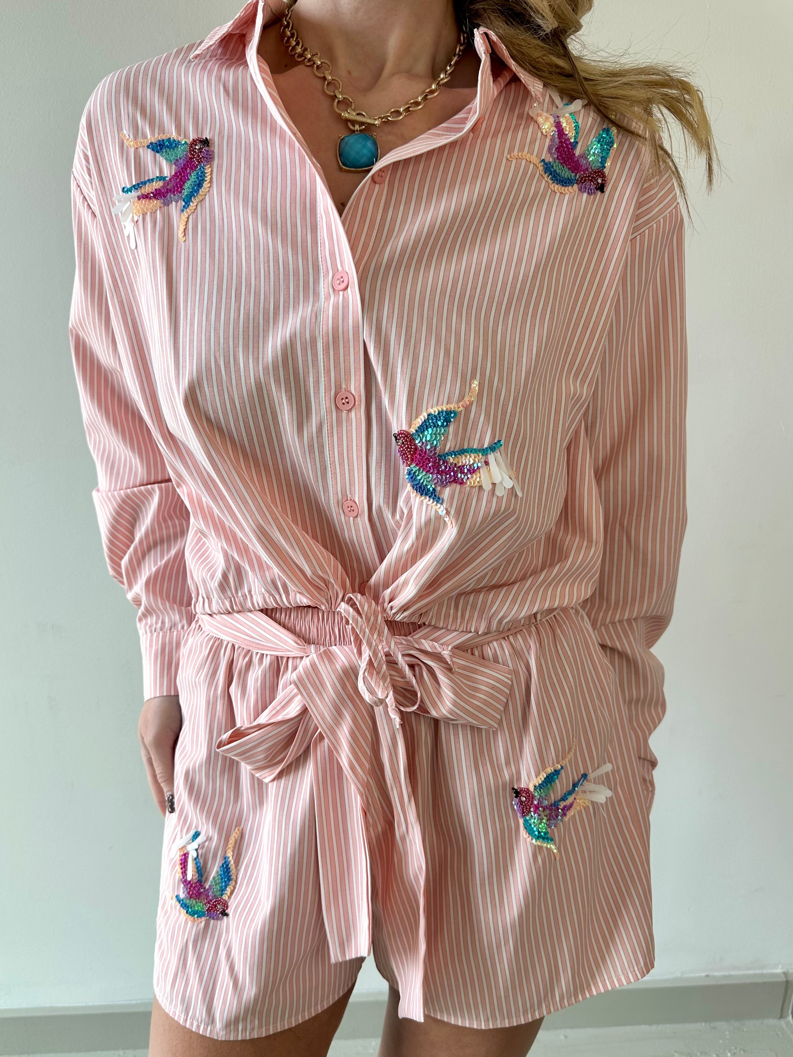 Poplin Hummingbird Shirt & Short Set - Peach
