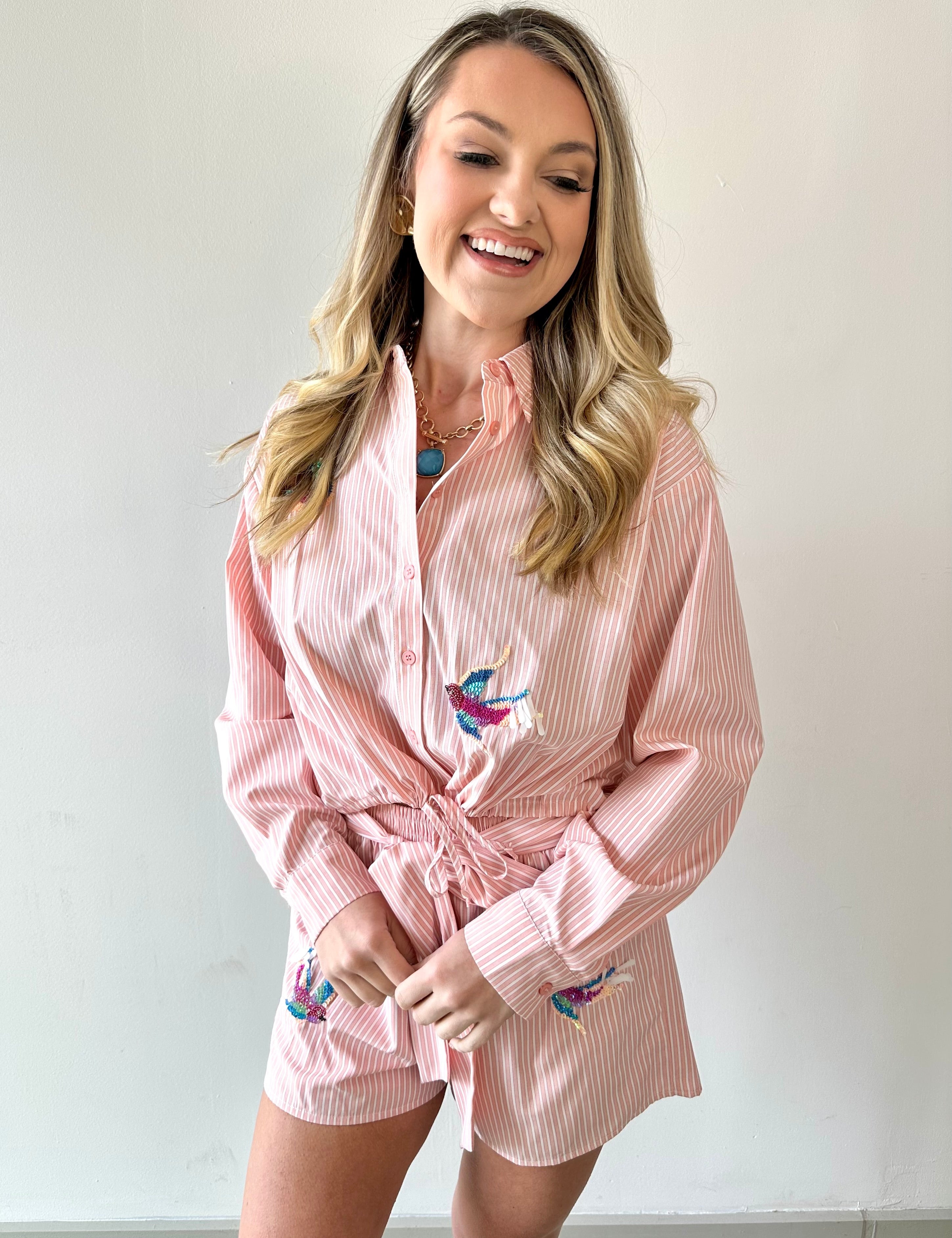 Poplin Hummingbird Shirt & Short Set - Peach