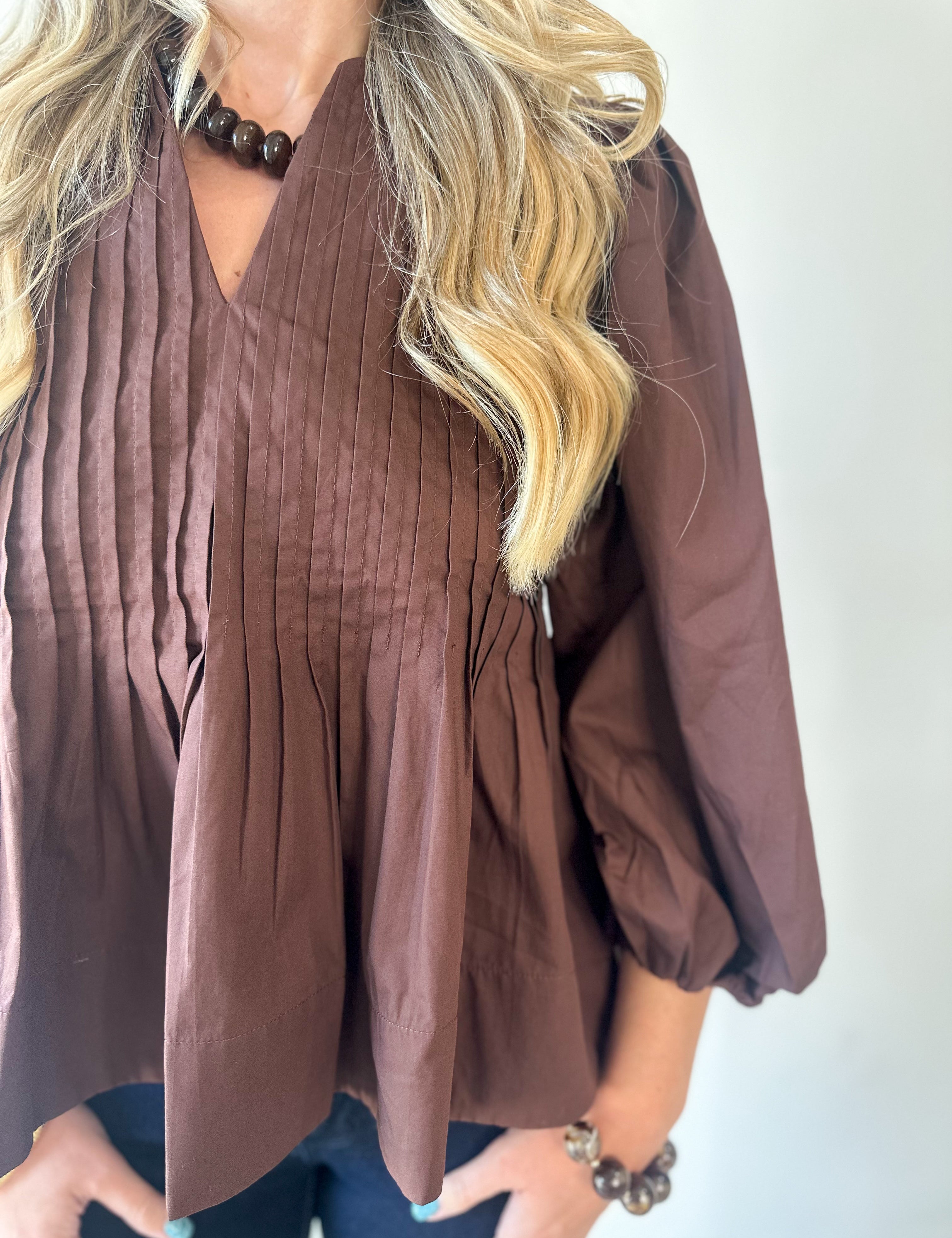 Poplin Peplum Pleated top - Brown