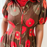 Poppy Print Puff Sleeve Dress - Brown