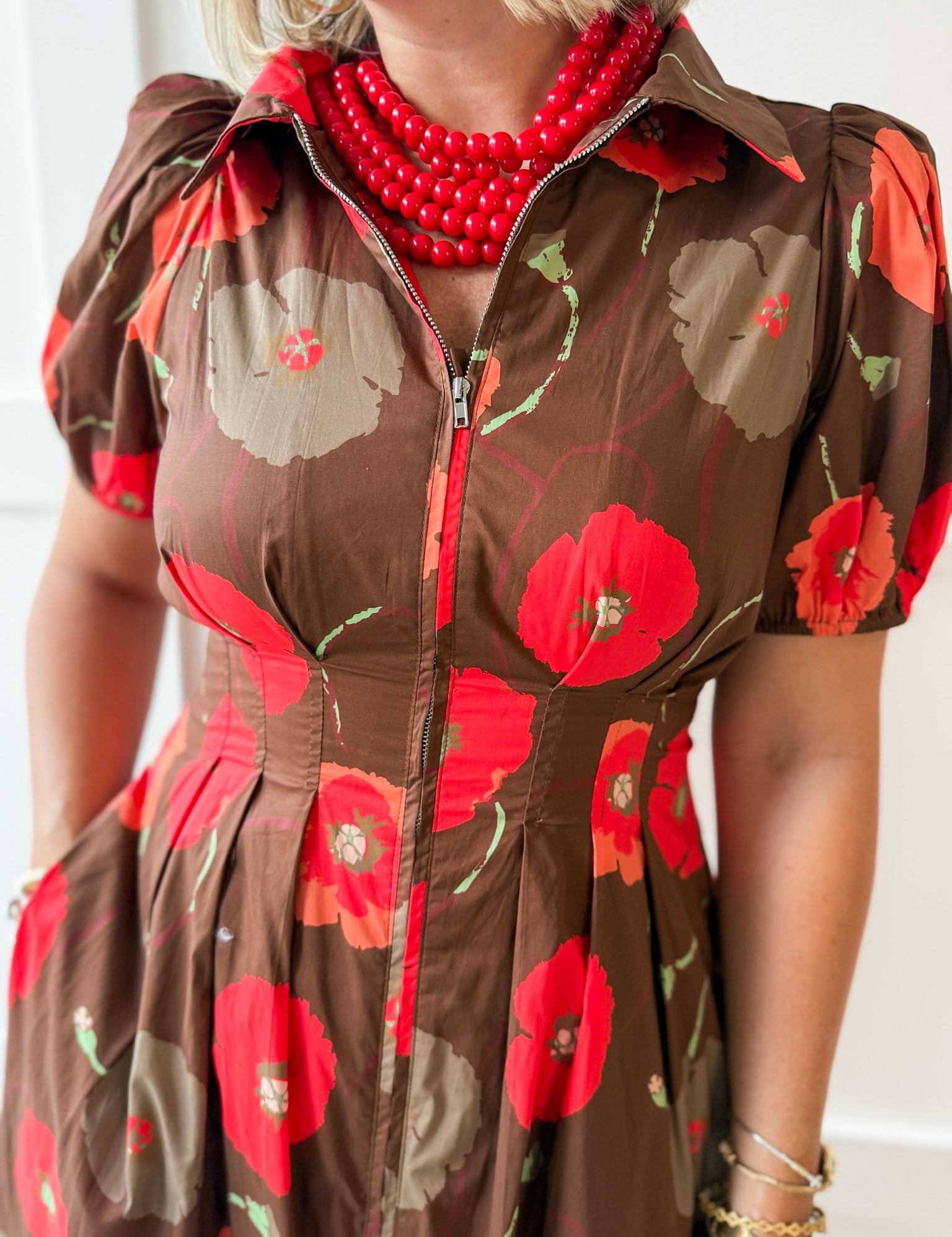 Poppy Print Puff Sleeve Dress - Brown