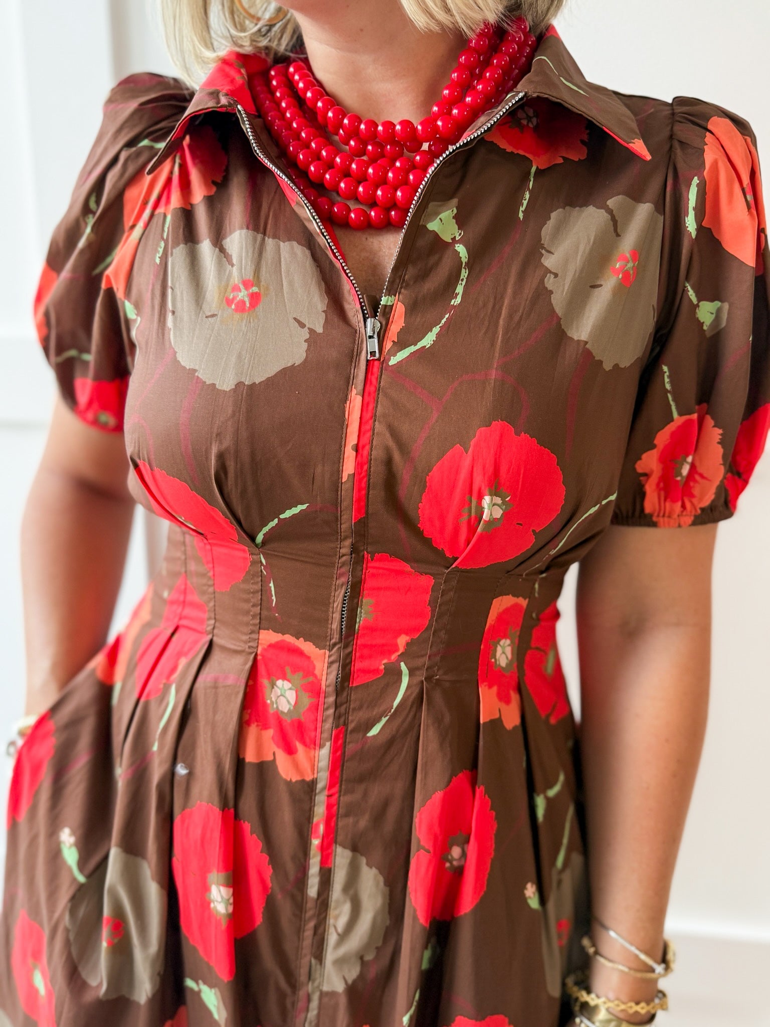 Poppy Print Puff Sleeve Dress - Brown