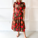 Poppy Print Puff Sleeve Dress - Brown