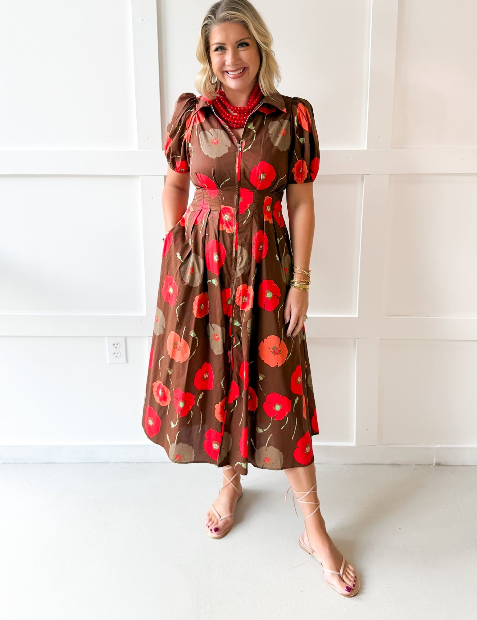 Poppy Print Puff Sleeve Dress - Brown