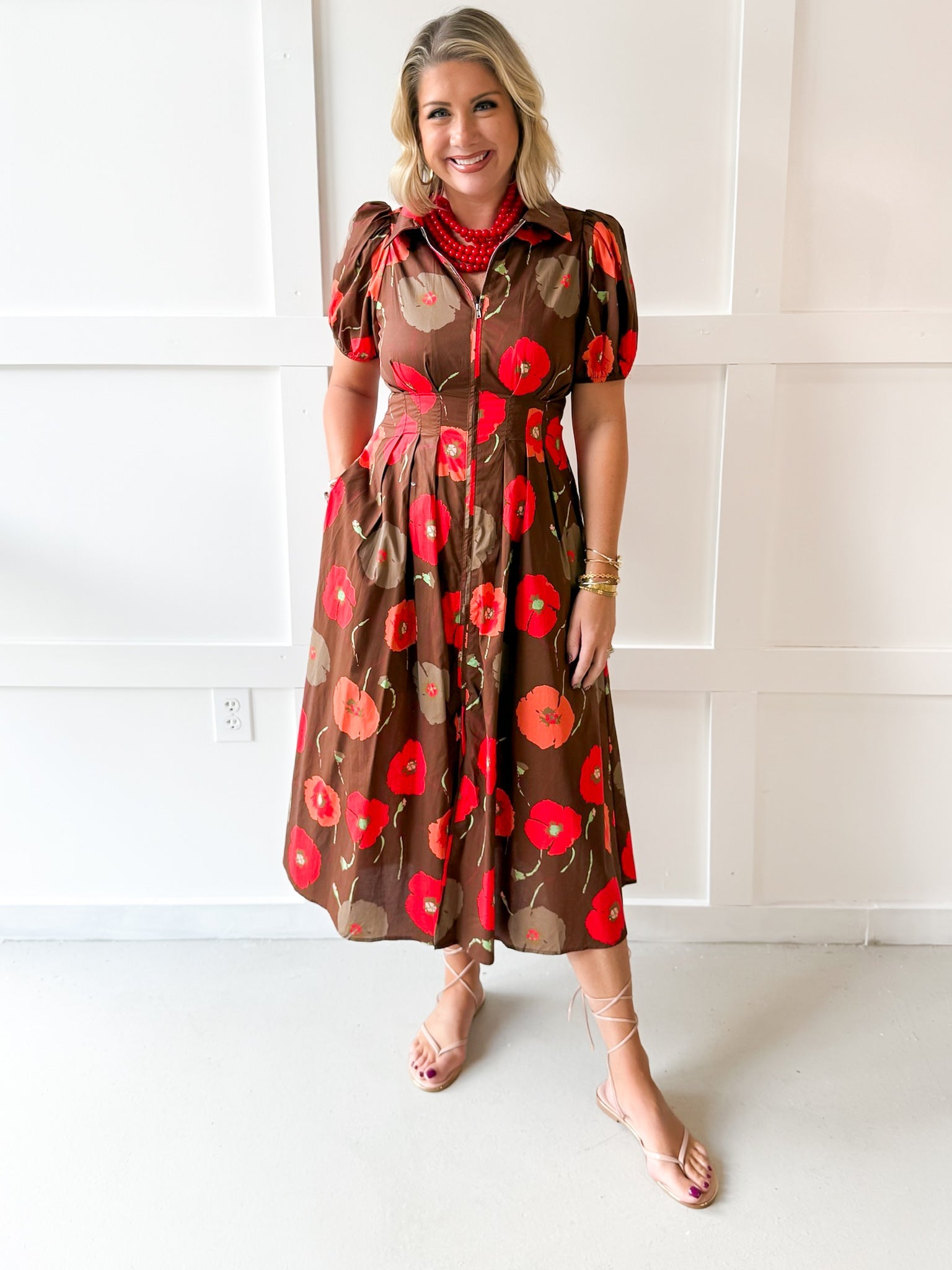 Poppy Print Puff Sleeve Dress - Brown