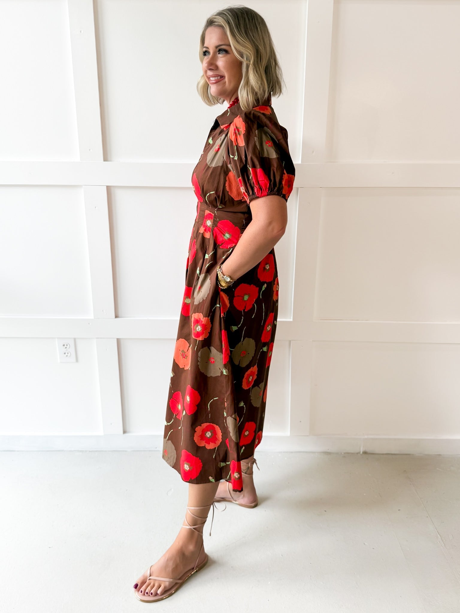 Poppy Print Puff Sleeve Dress - Brown