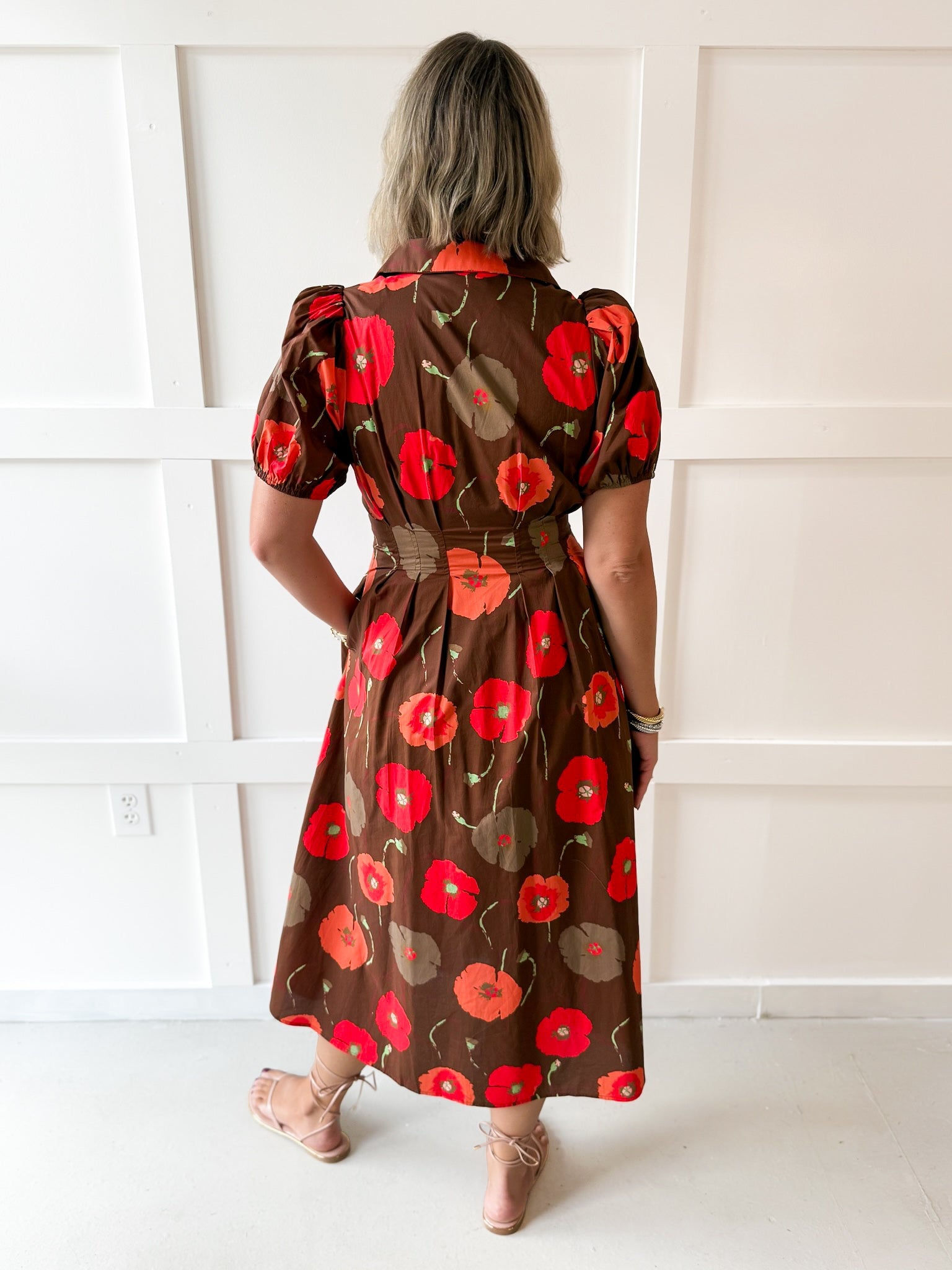 Poppy Print Puff Sleeve Dress - Brown