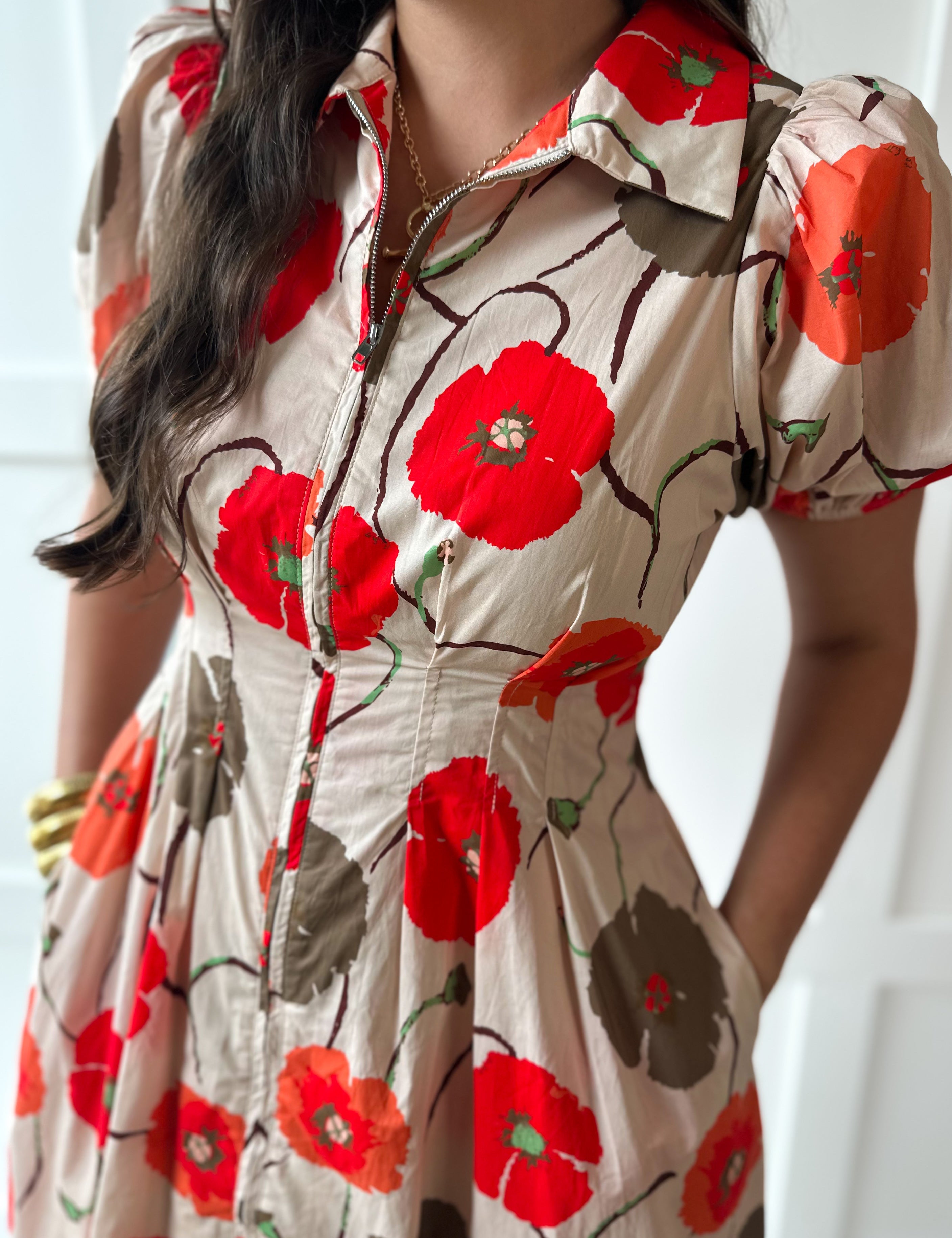 Poppy Print Puff Sleeve Dress - Ecru