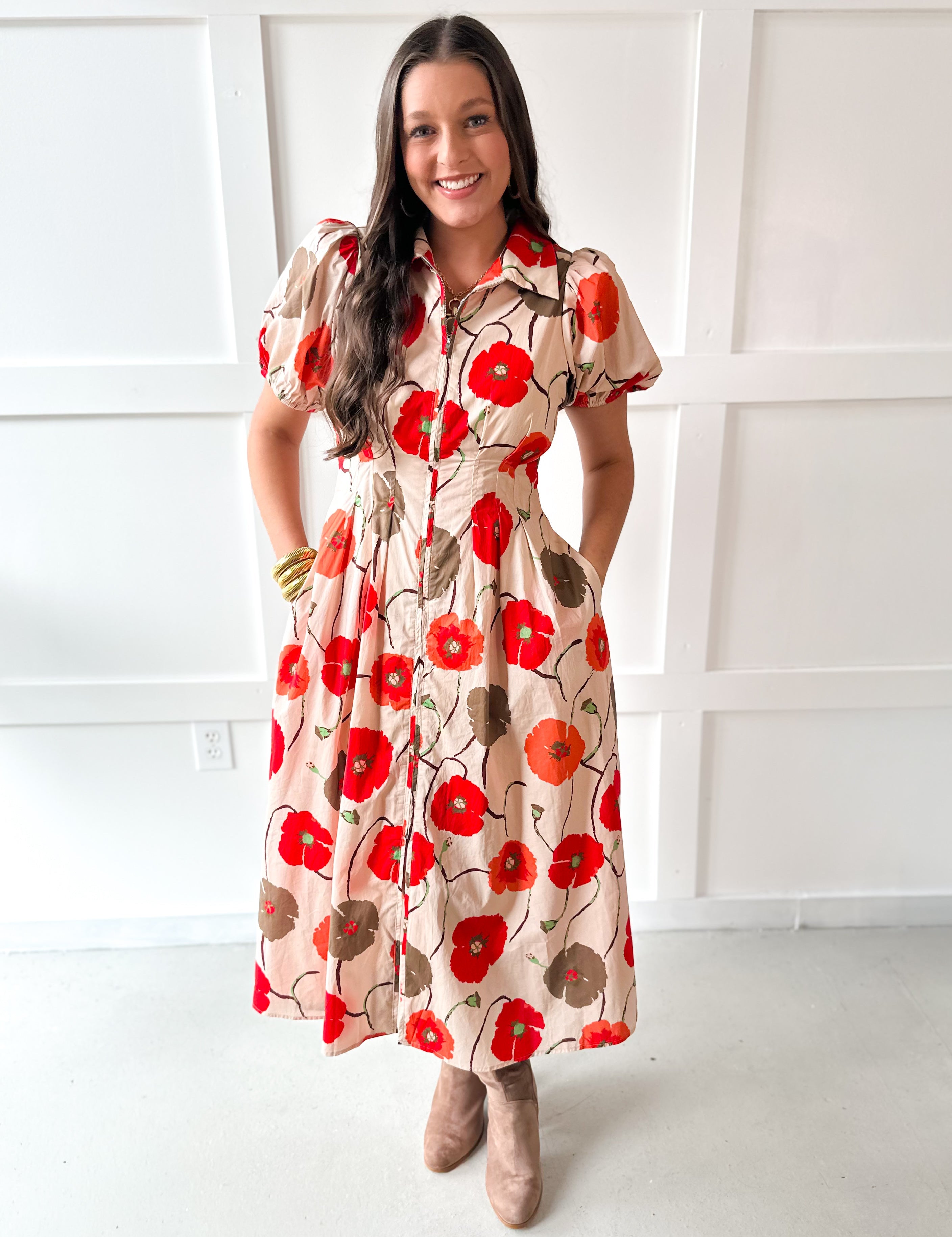 Poppy Print Puff Sleeve Dress - Ecru