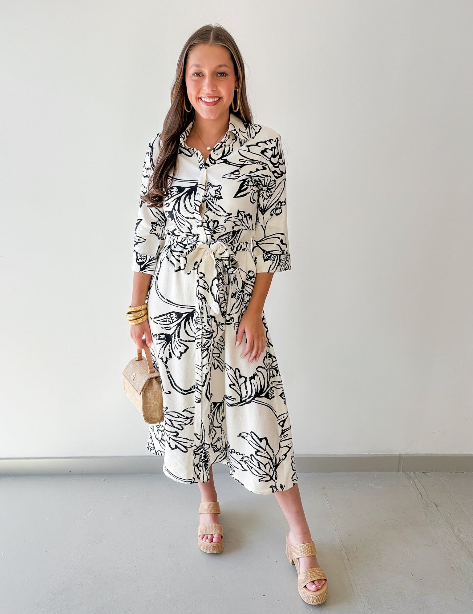 Printed Belted Midi Dress