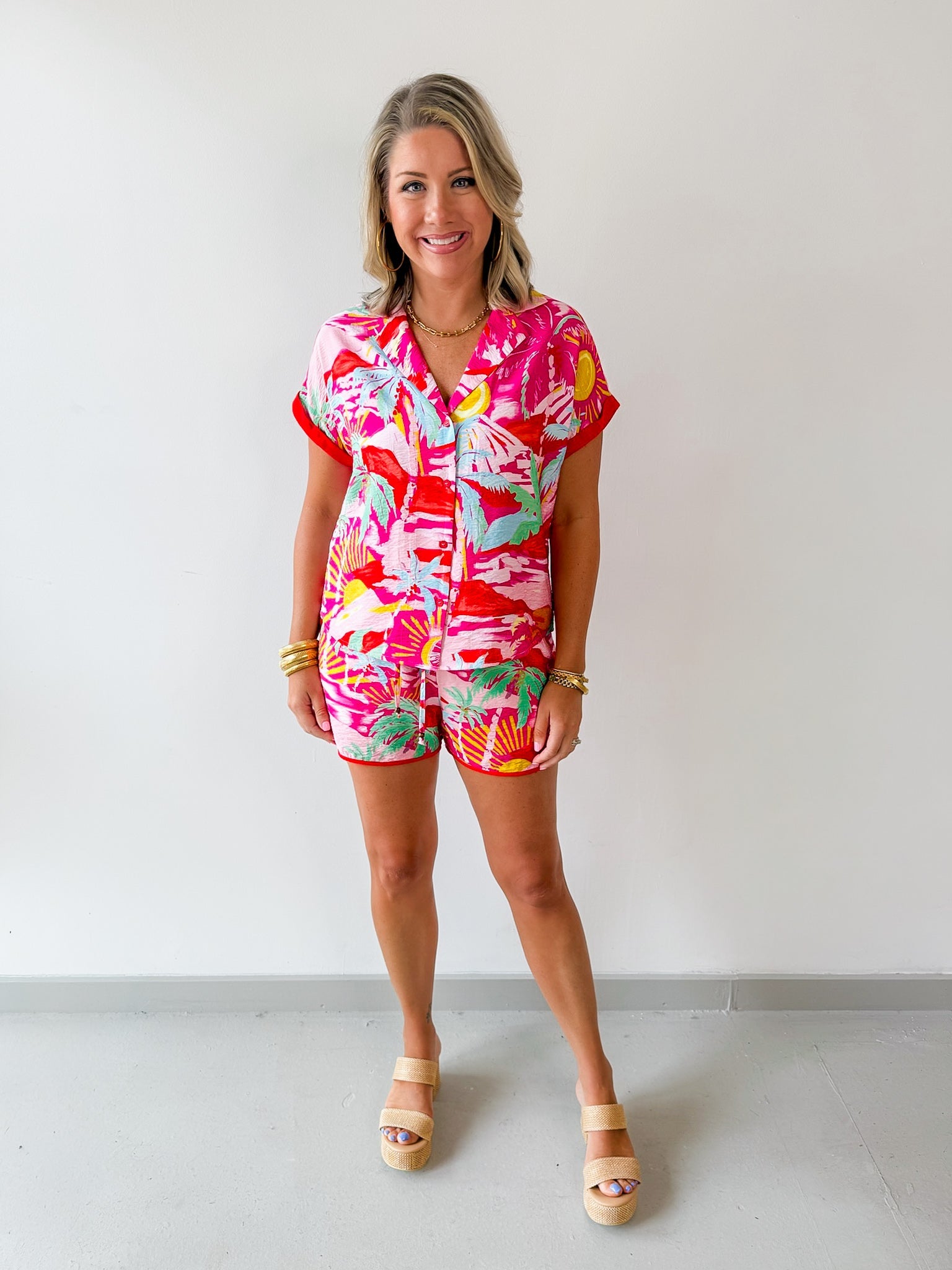Printed Collared Shirt and Short Set