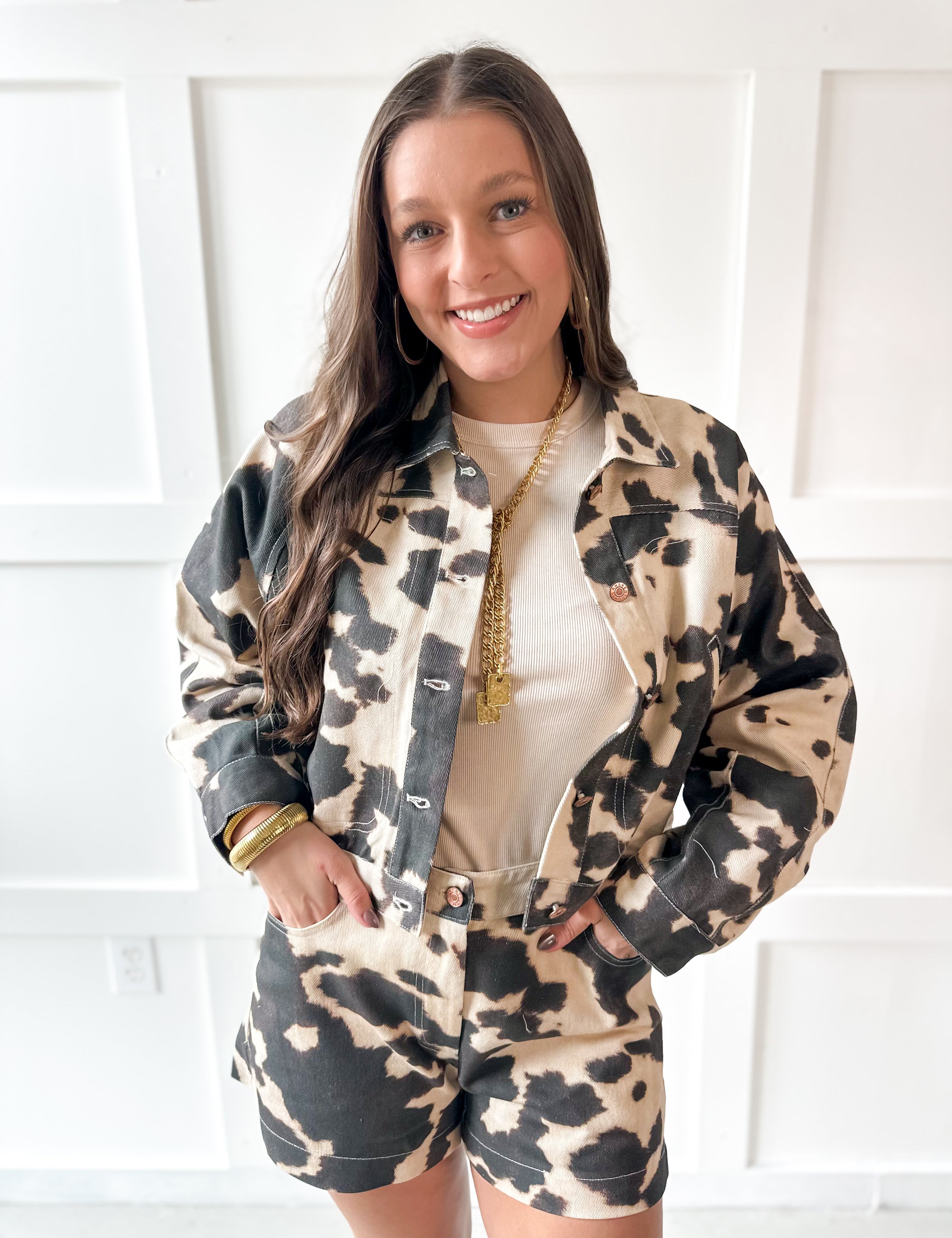 Printed Cropped Jacket- Ecru