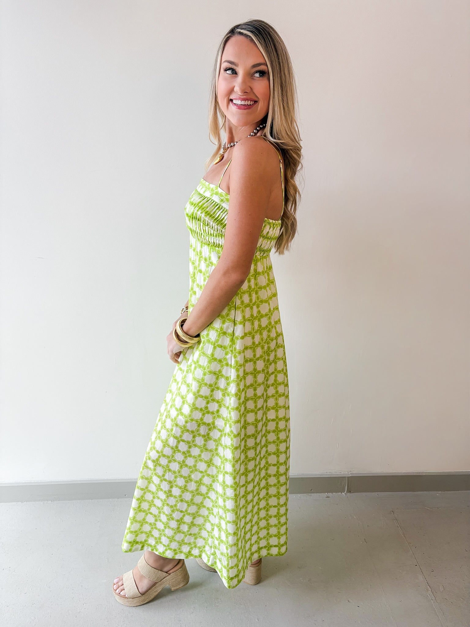 Printed Pintuck Midi Dress