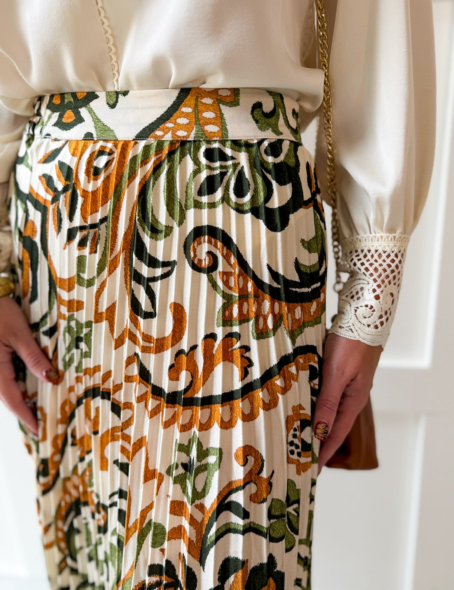 Printed Pleated Skirt - Ivory/Olive