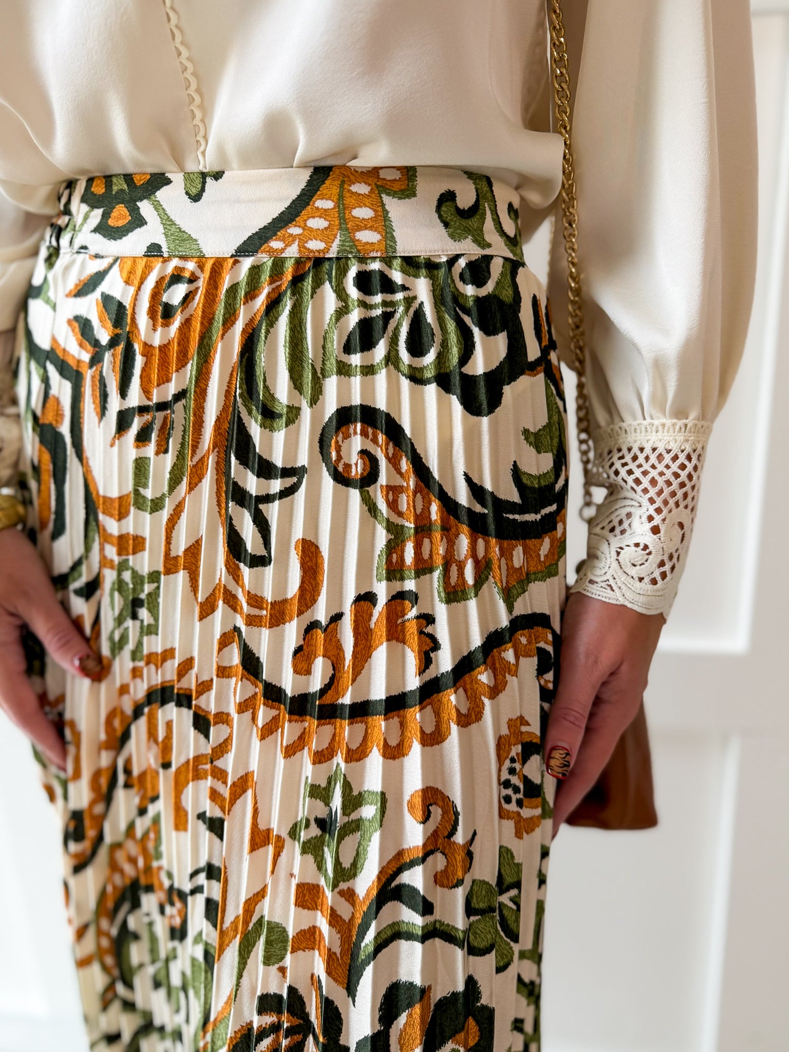 Printed Pleated Skirt - Ivory/Olive