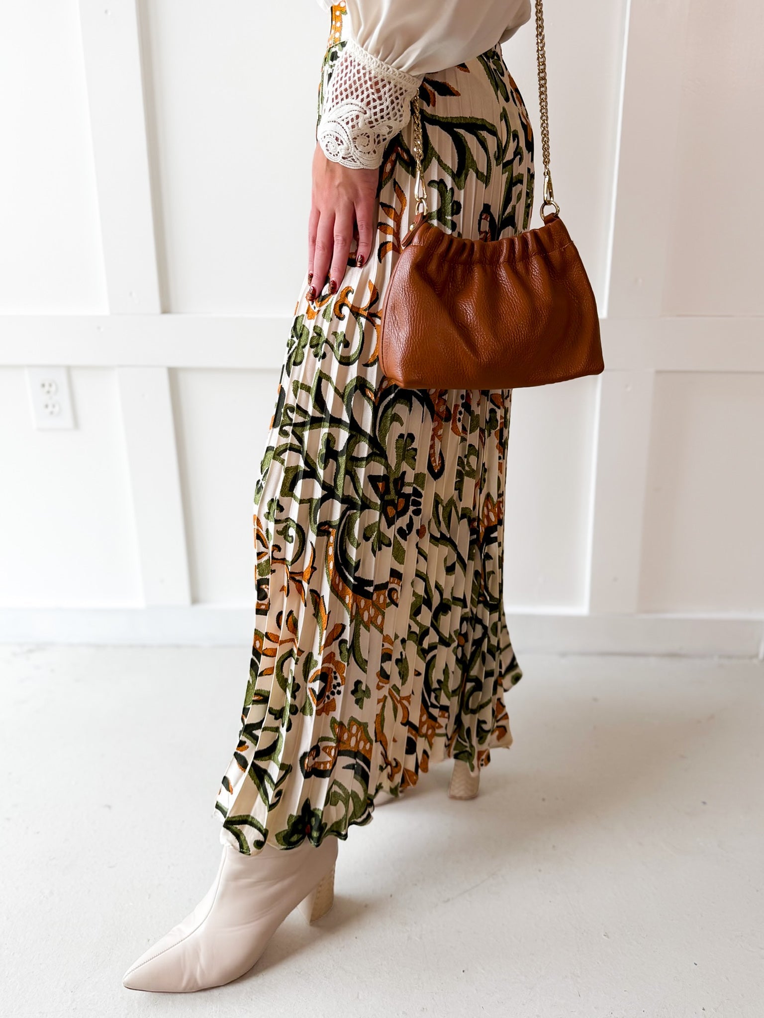 Printed Pleated Skirt - Ivory/Olive