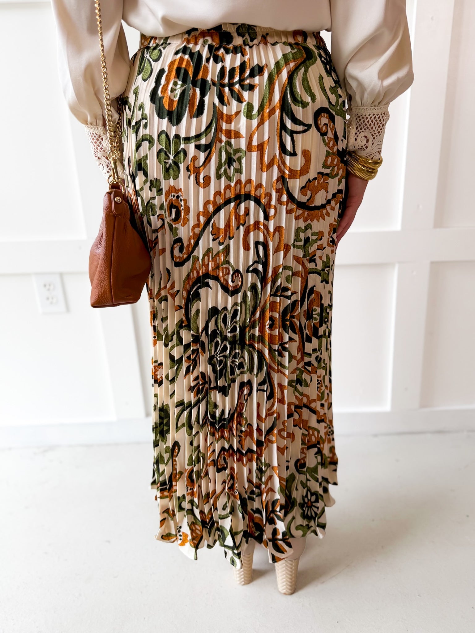 Printed Pleated Skirt - Ivory/Olive