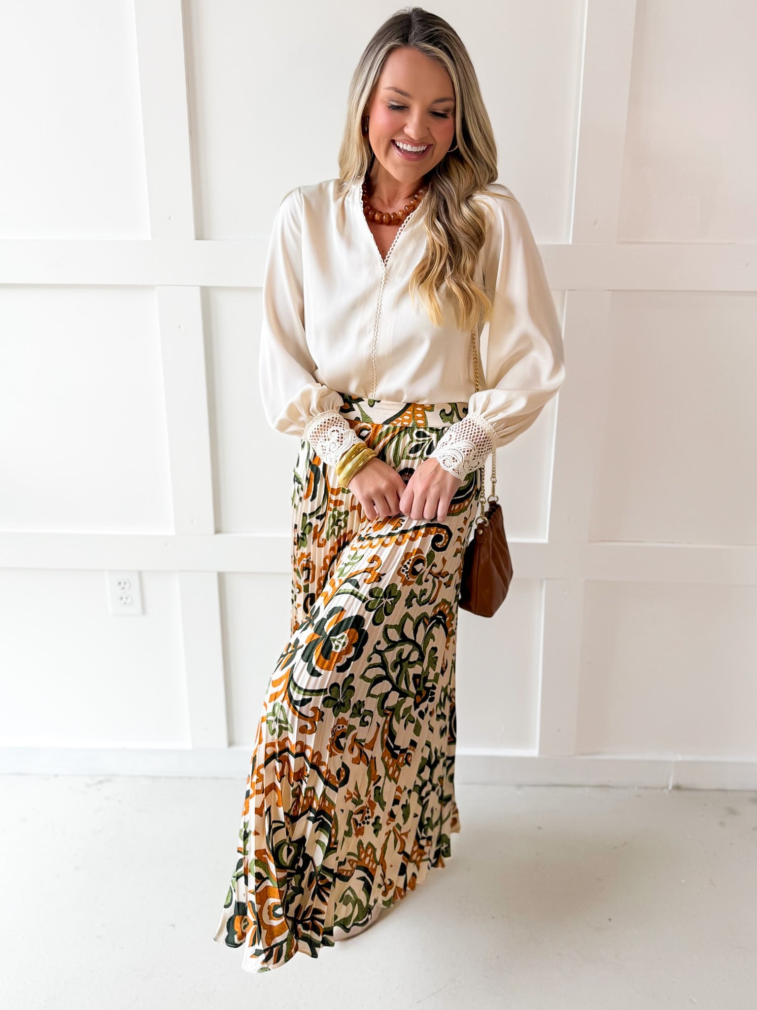 Printed Pleated Skirt - Ivory/Olive