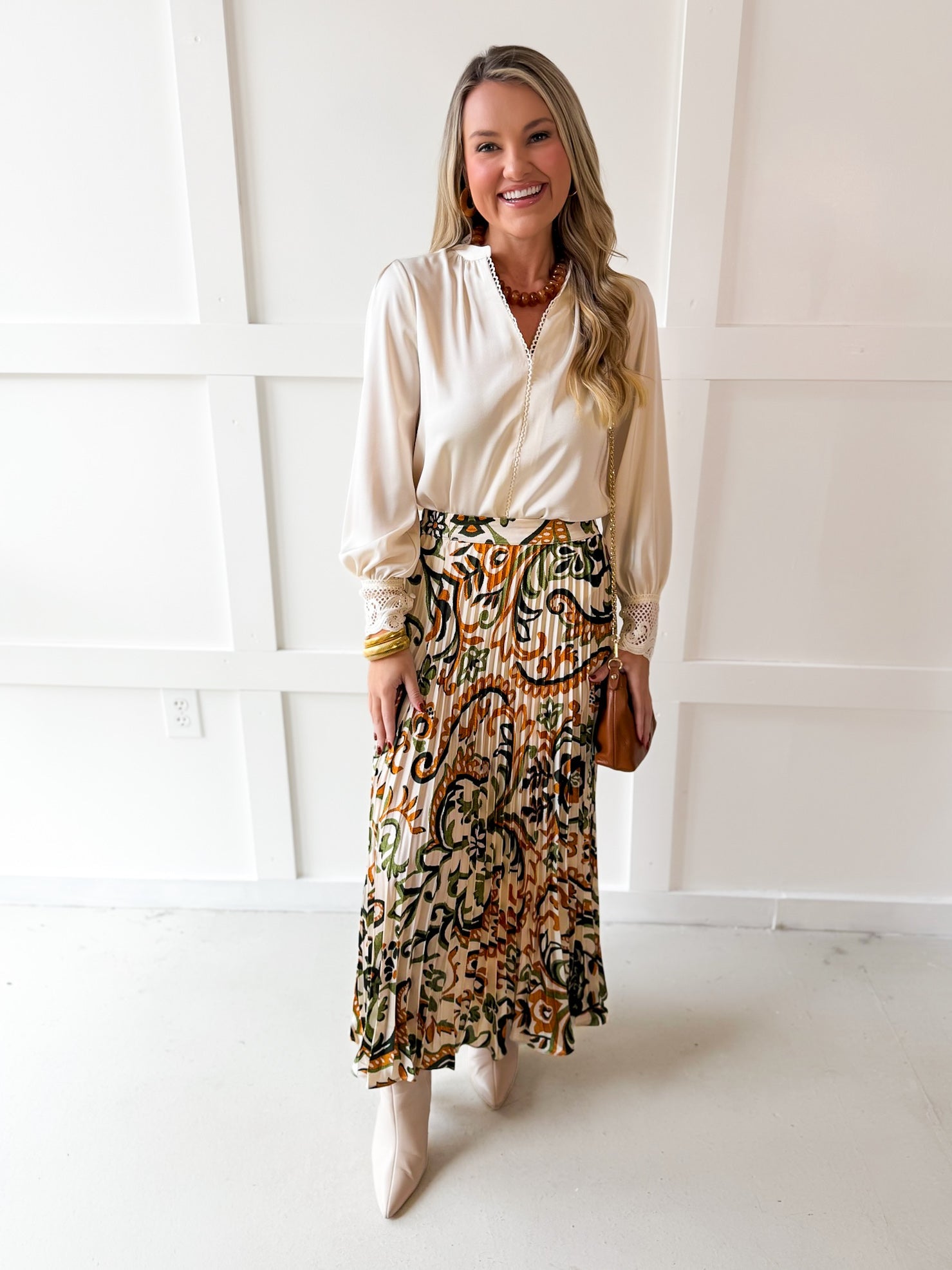 Printed Pleated Skirt - Ivory/Olive
