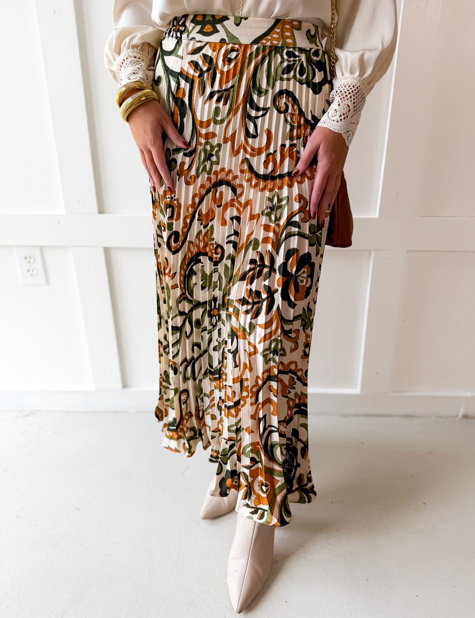 Printed Pleated Skirt - Ivory/Olive