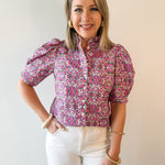 Puff Ruffle Neck Top - Pink/Multi