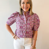 Puff Ruffle Neck Top - Pink/Multi