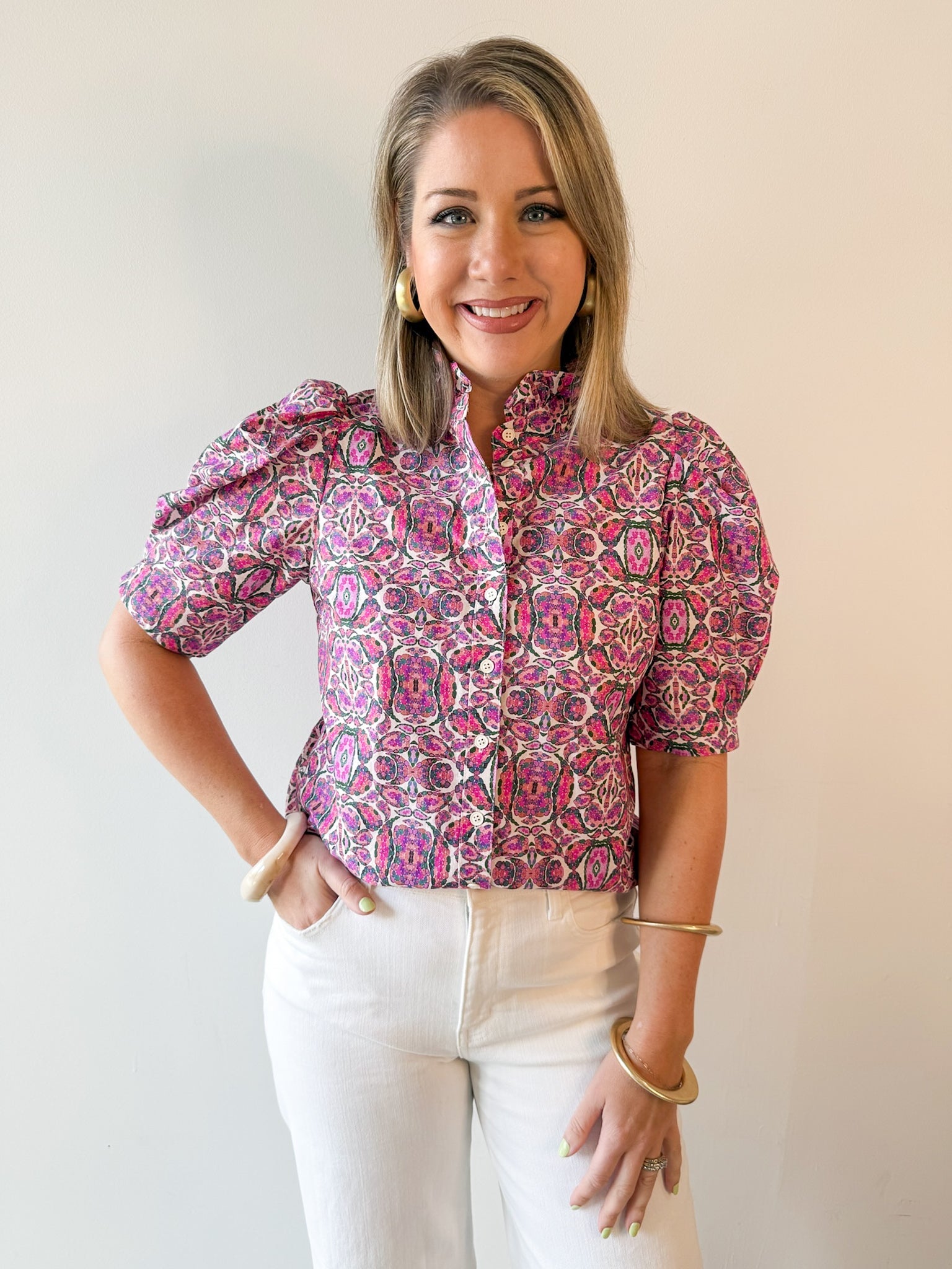 Puff Ruffle Neck Top - Pink/Multi