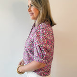 Puff Ruffle Neck Top - Pink/Multi