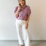 Puff Ruffle Neck Top - Pink/Multi