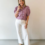 Puff Ruffle Neck Top - Pink/Multi