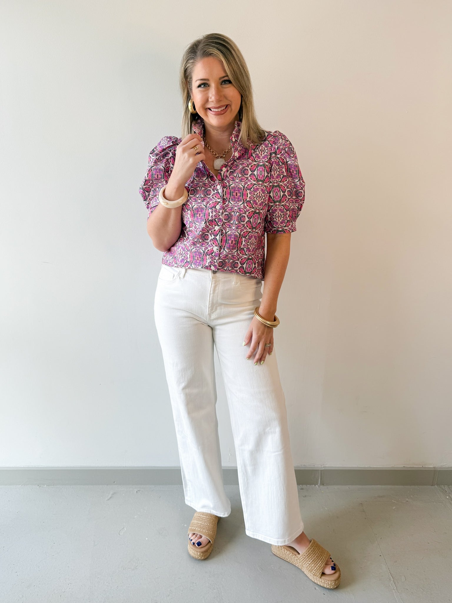 Puff Ruffle Neck Top - Pink/Multi