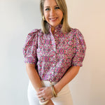 Puff Ruffle Neck Top - Pink/Multi