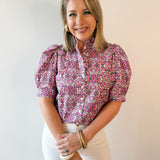Puff Ruffle Neck Top - Pink/Multi