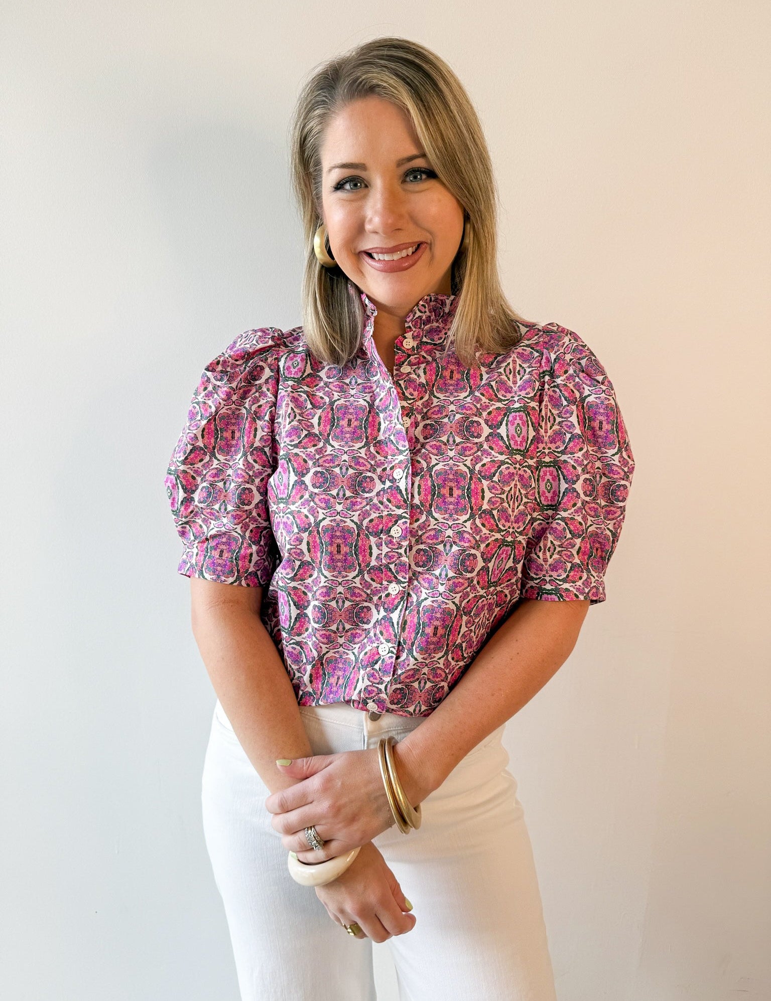 Puff Ruffle Neck Top - Pink/Multi